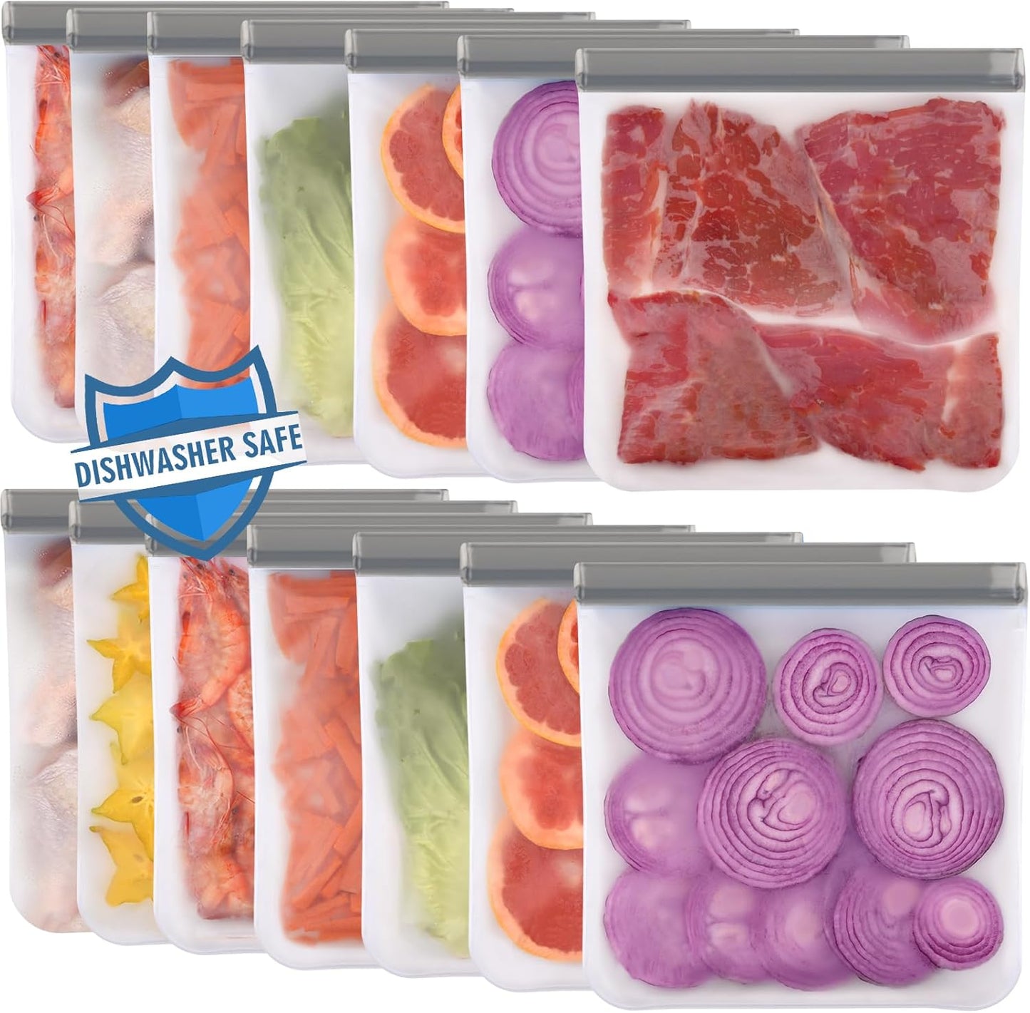 6 Pack Reusable Gallon Freezer Bags Dishwasher Safe, BPA Free Reusable 1 Gallon Bags Silicone, Leakproof Reusable Storage Bags for Marinate Meats, Cereal, Vegetables, Home Organization(Grey)