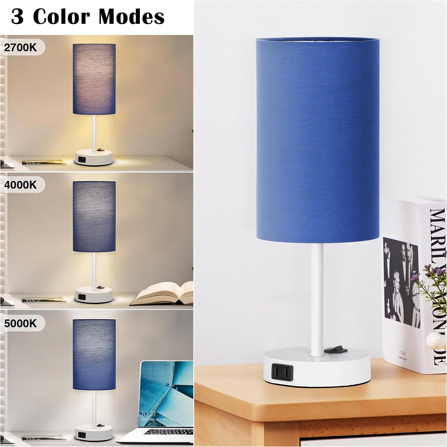 Table Lamp for Bedroom Set of 2, Bedside Small Lamps with 3 Way Dimmable Rocker Switch and AC Outlet, Nightstand Desk Lamp with Blue Fabric Shade White Base for Living Room Home Decor Lights