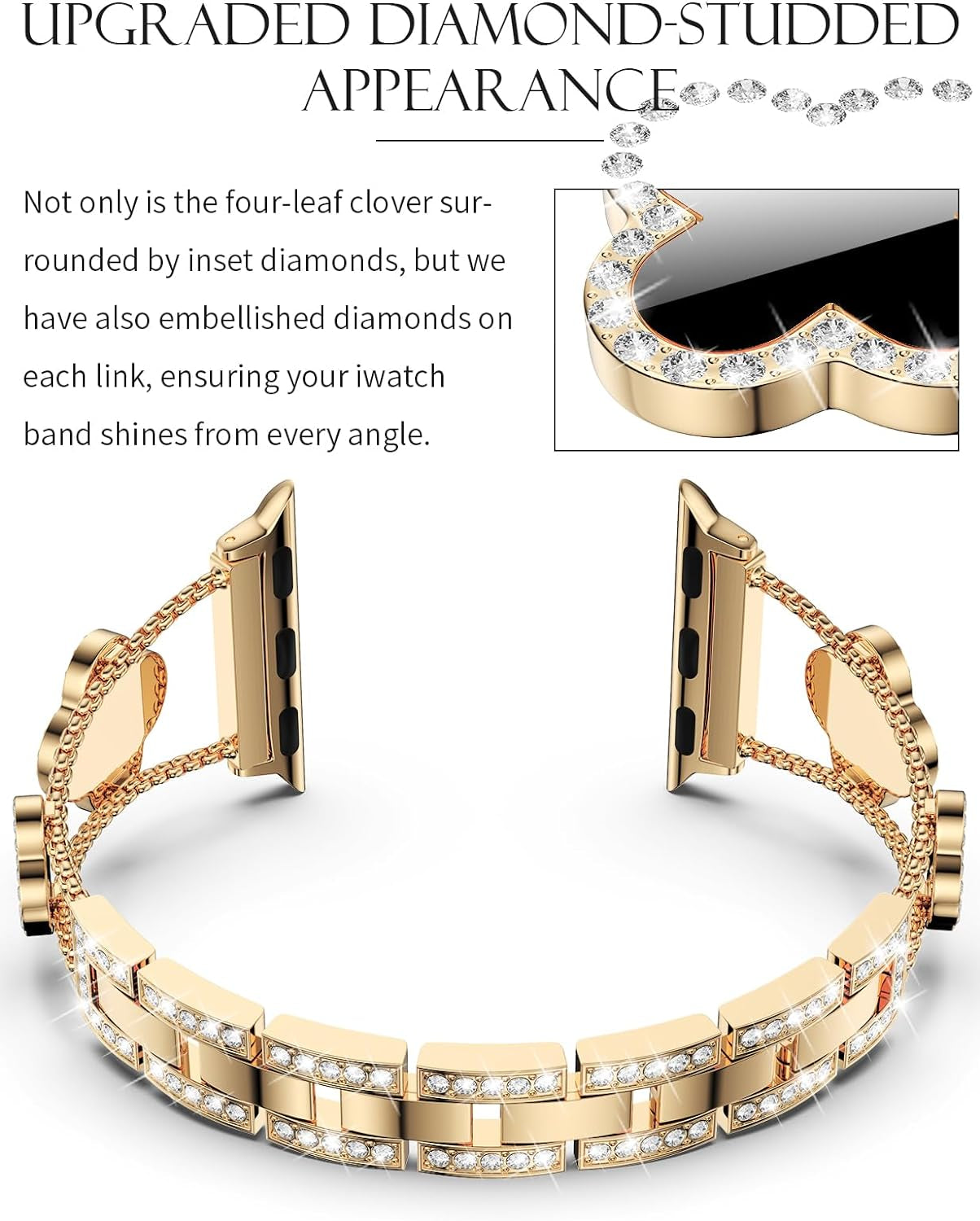 Bling Womens Band Compatible with Apple Watch Band 40Mm 41Mm 38Mm Series 9 8 7 6 5 4 3 2 1 SE, Sparkle Diamond Replacement Bracelet Wristband, Cute Lucky Clover Dressy Iwatch Band,Gold/Black