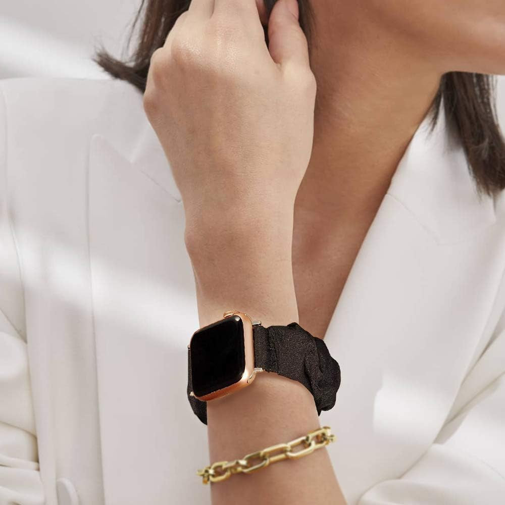 Compatible with Apple Watch Band 38Mm 40Mm 41Mm Soft Floral Fabric Elastic Scrunchies Iwatch Bands for Apple Watch Series 7,6,SE,5,4,3,2,1 Black Small