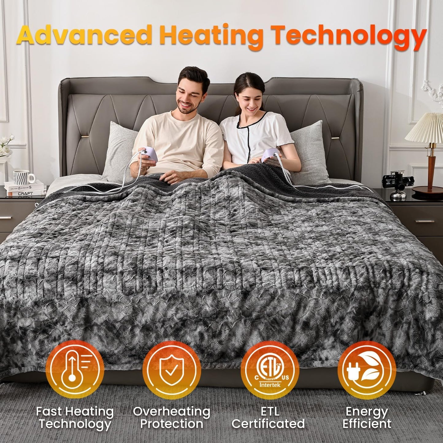 [5 Year Warranty Heated Blanket King Size, Dual Control, Electric Blanket 90"X 100", Double-Sided Faux Fur&Sherpa, Overheat Protection, 10 Heating Levels & 12H Auto Off, CPF, Home Office
