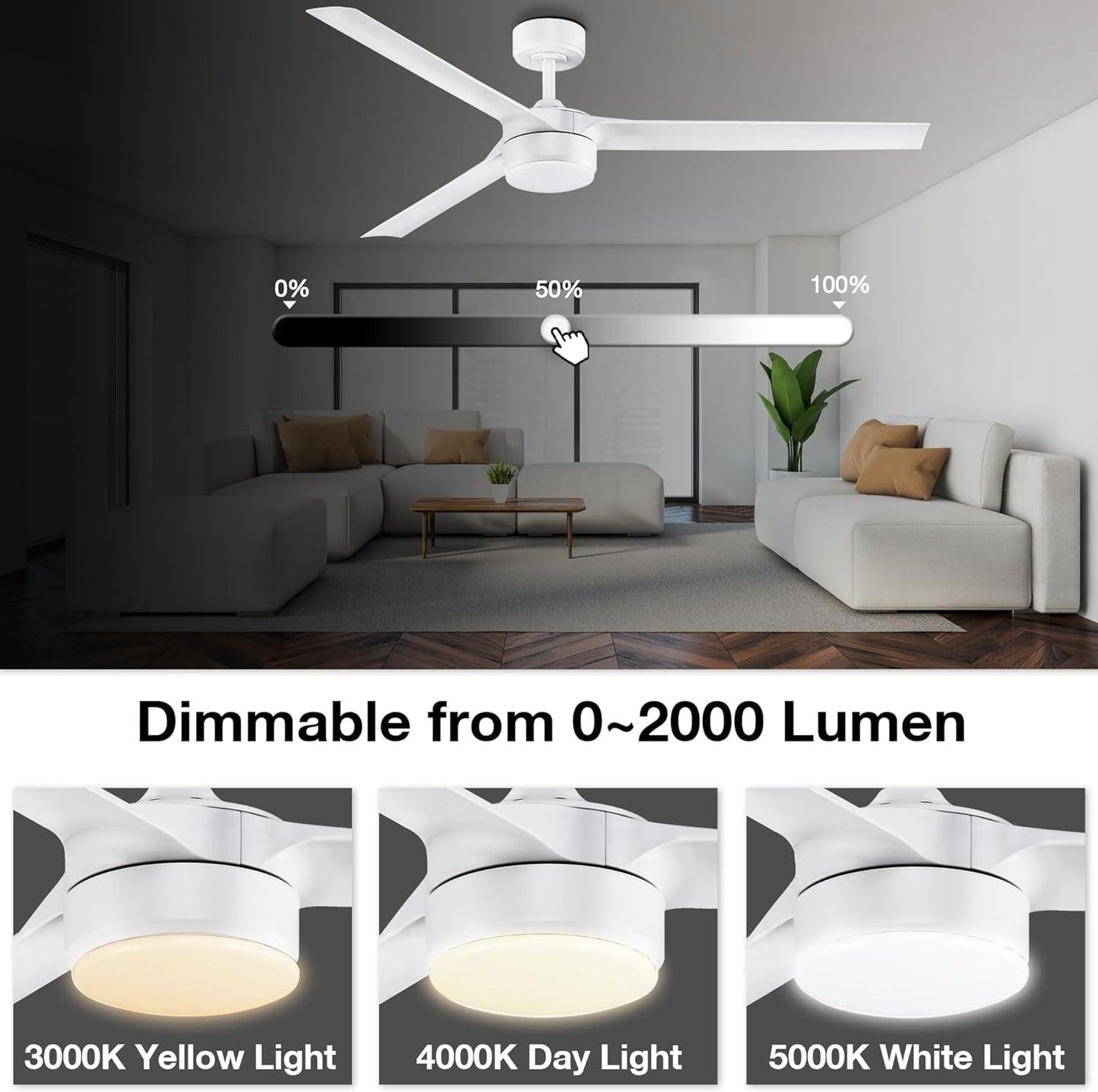 60” Large Smart Ceiling Fans with LED Lights and Remote,Quiet DC Motor,Dimmable,Outdoor Indoor Matte White Ceiling Fan Controlled by WIFI Alexa App,Modern 3 Blade for Bedroom Living Room Patio