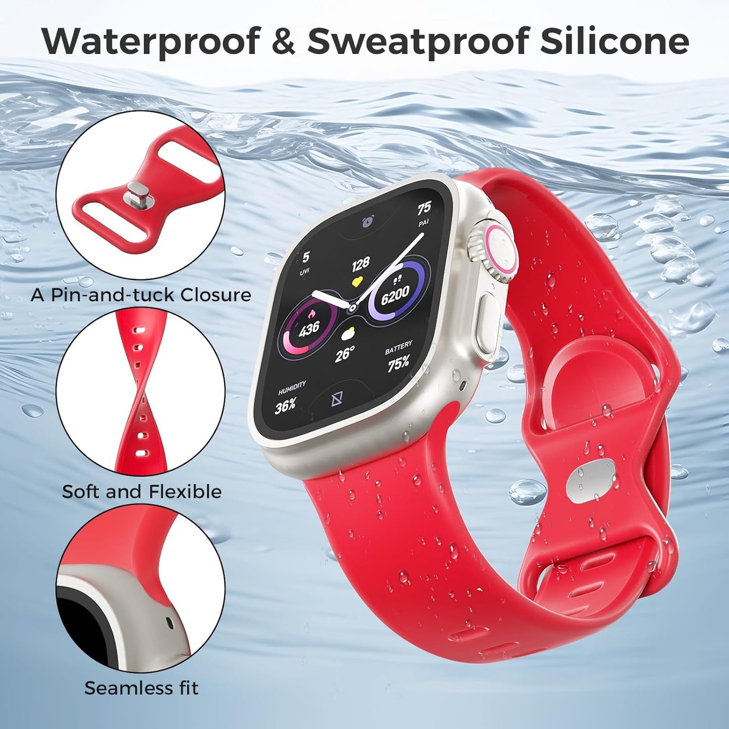 Silicone Band Compatible with Apple Watch Band 38Mm 40Mm 41Mm 42Mm 44Mm 45Mm 49Mm, Soft Silicone Sport Bands Replacement Strap for Apple Watch Ultra 2 Ultra SE Series 9 8 7 6 5 4 3 2 1 for Women Men