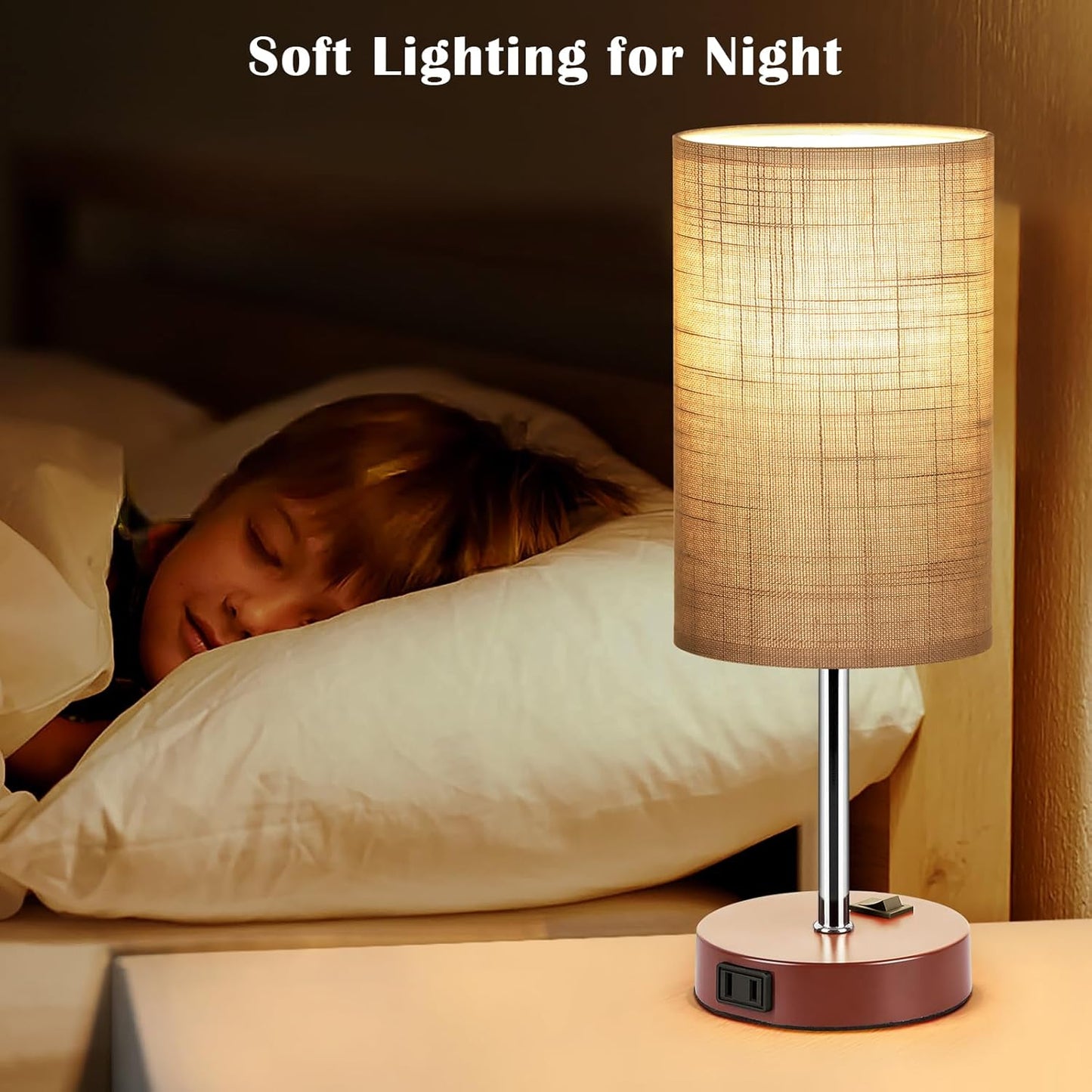 Table Lamp for Bedroom Set of 2, Bedside Small Lamps with 3 Way Dimmable Rocker Switch and AC Outlet, Nightstand Desk Lamp with Gray Fabric Shade Brown Base for Living Room Home Decor Lights