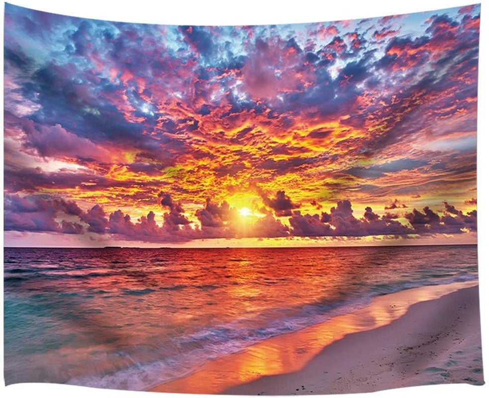 Tropical Ocean Sunset Sea Landscape Tapestry Wall Hanging Decoration, Purple Clouds and Gloden Sunshine, Wall Tapestry for Dorm Living Room Bedroom, Wall Blanket Wall Decor Wall Art Home Decor 71X60