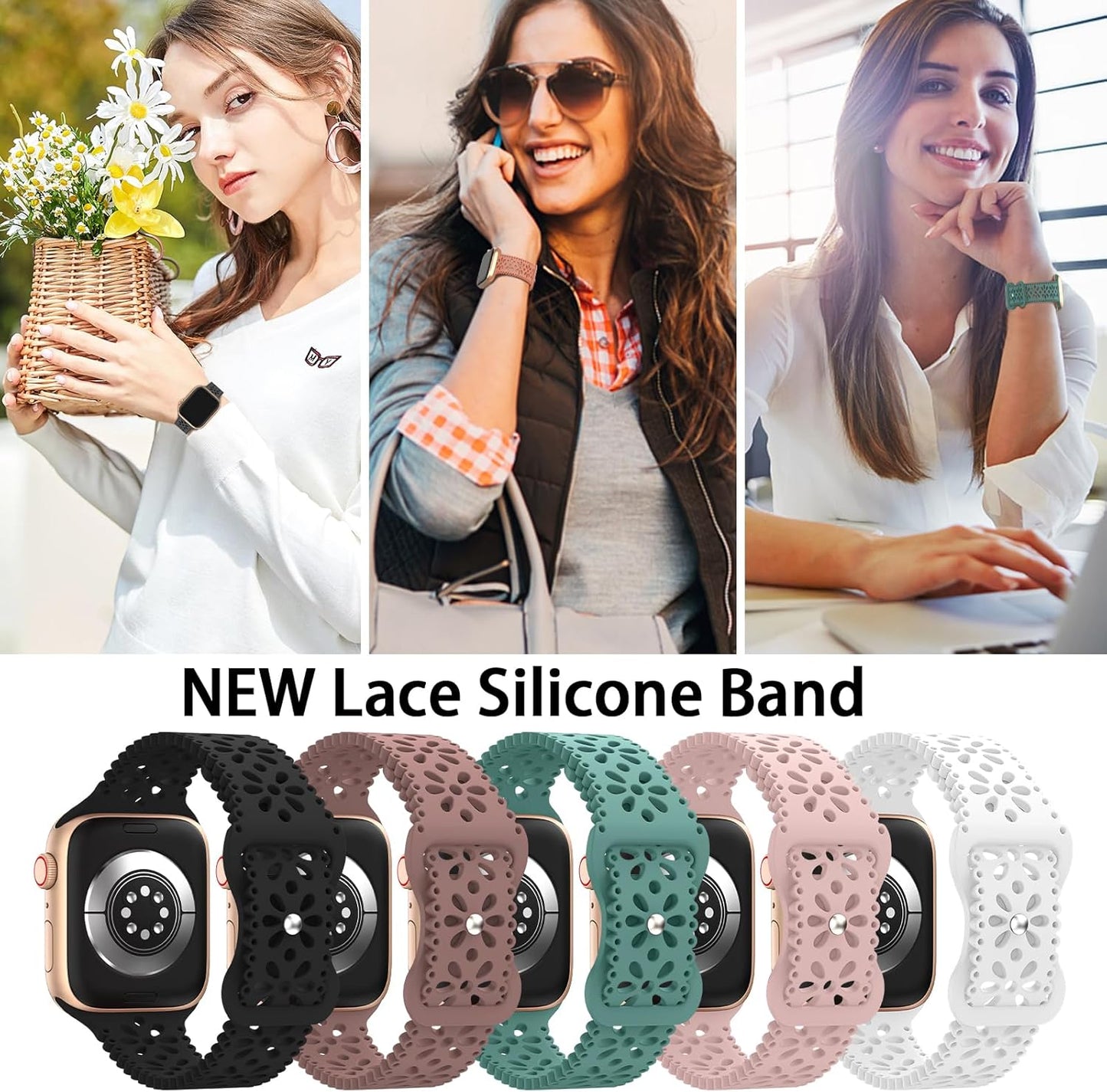 Lace Silicone Band Compatible with Apple Watch Band 40Mm 44Mm 38Mm 41Mm 45Mm 42Mm 49M for Women,Hollow-Out Sport Strap Soft Breathable Wristbands for Iwatch Series 9,Ultra,Se,8 7 6 5 4 3 2 1