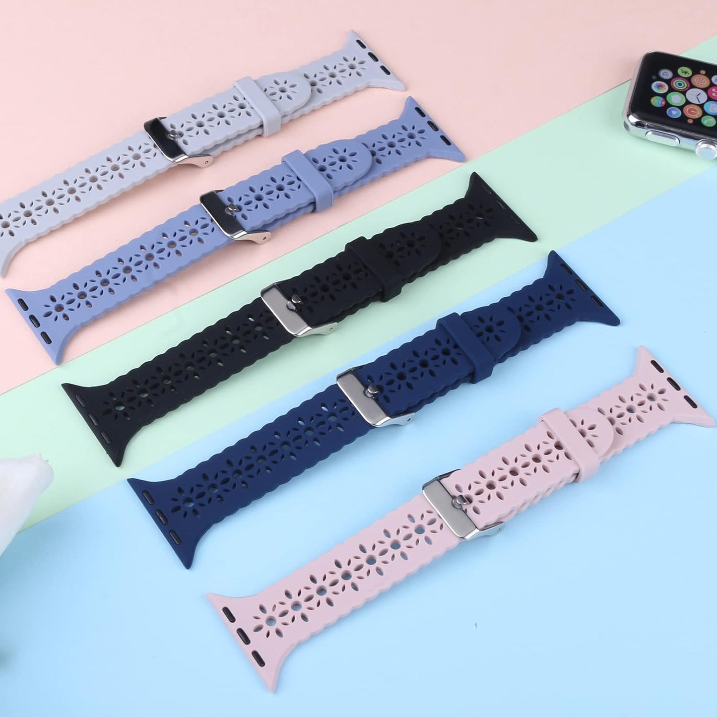 Silicone Band Compatible with Apple Watch Bands 38Mm 40Mm 42Mm 44Mm 41Mm 45Mm 49Mm for Women Men, Floral Slim Hollow-Out Design Wristbands Soft Sport Breathable Watch Bands for Iwatch Ultra SE Series 8/7/6/5/4/3/2/1, 2 Pack