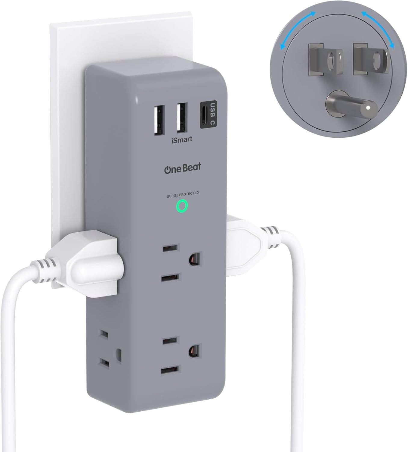 Surge Protector Outlet Extender - with Rotating Plug, 6 AC Multi Plug Outlet with 3 USB Ports (1 USB C), 1800J Wall Charger, 3-Sided Power Strip with Spaced Outlet Splitter for Home, Office, Travel
