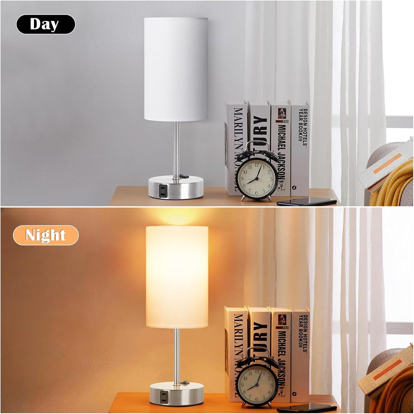 Table Lamp for Bedroom Set of 2, Bedside Small Lamps with 3 Way Dimmable Rocker Switch and AC Outlet, Nightstand Desk Lamp with White Fabric Shade Nickel Base for Living Room Home Decor Lights