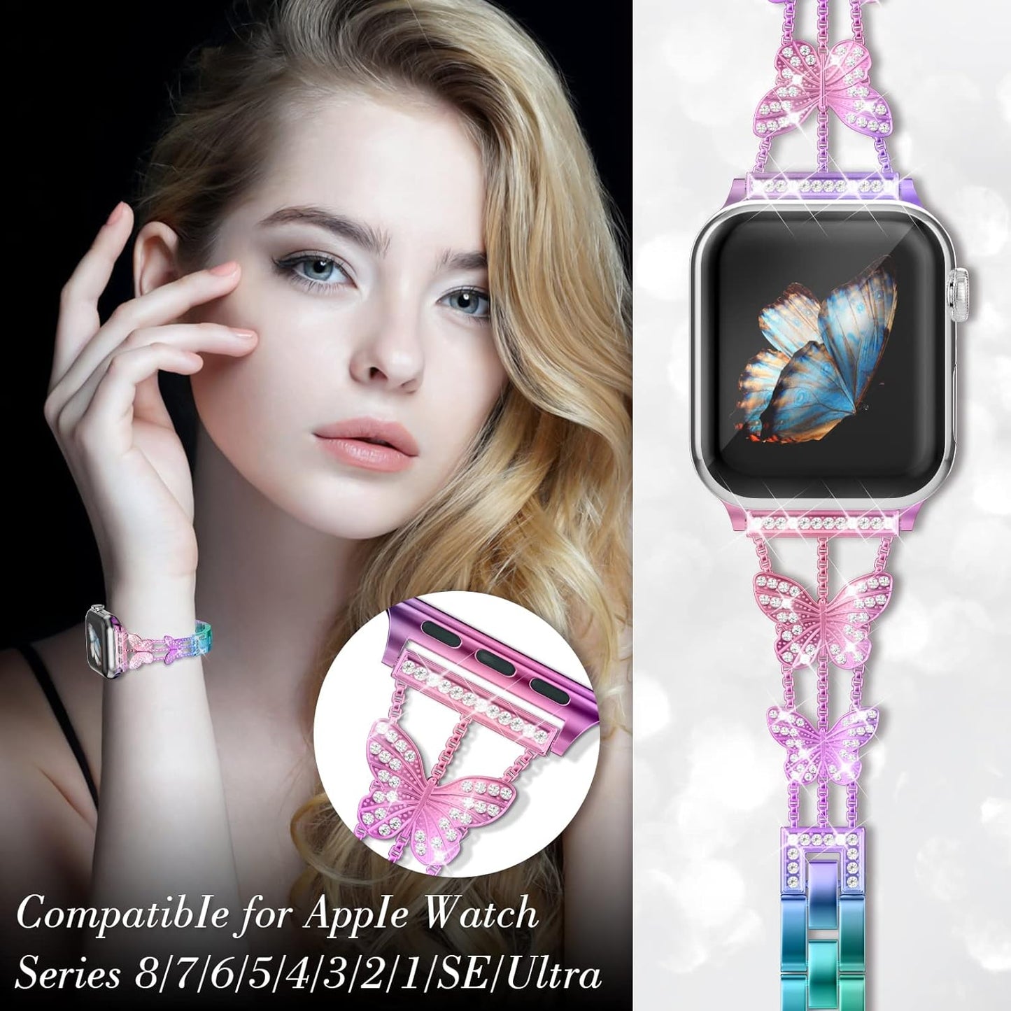 Add Sparkle to Your Watch with the Metal Diamond Starlight Band - Compatible with Apple Watch Series 8/7/6/5/4/3/2/1/Se/Ultra - Shiny and Stylish for Women in Sizes 38Mm 40Mm 41Mm 42Mm 44Mm 45Mm 49Mm