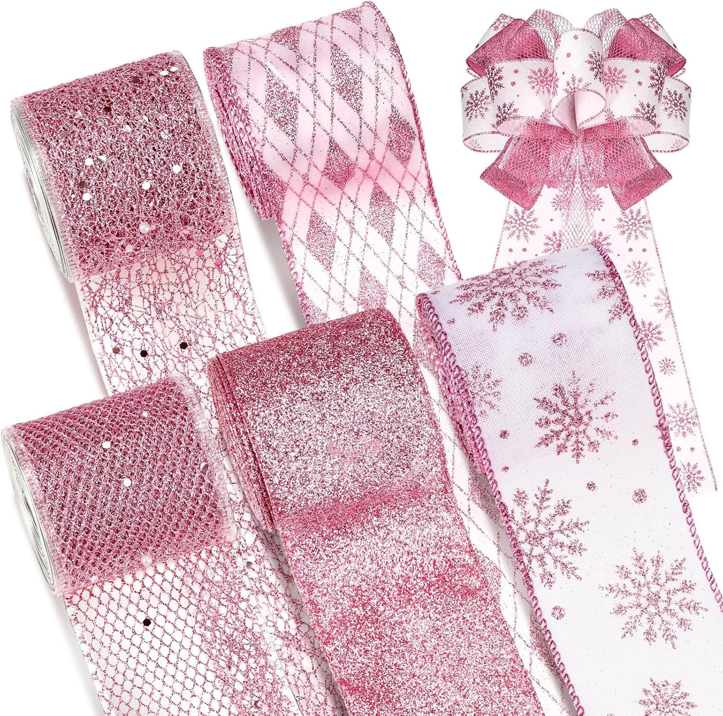 5 Roll 50 Yard Christmas Decor Wire Ribbon 2.5 Inch Glitter Metal Mesh Ribbon Christmas Decoration Tree Bow Classification Glitter Wreath Gift Packaging Ribbon Craft Project Diy(Pink)