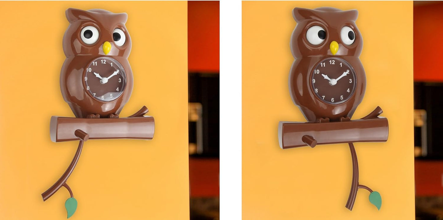 Pendulum Owl Clock with Revolving Eyes and Swinging Branch, Battery Powered and Wall Mountable, Wonderful and Whimsical Addition to Themed Bedroom Décor, Brown (15 Inches)