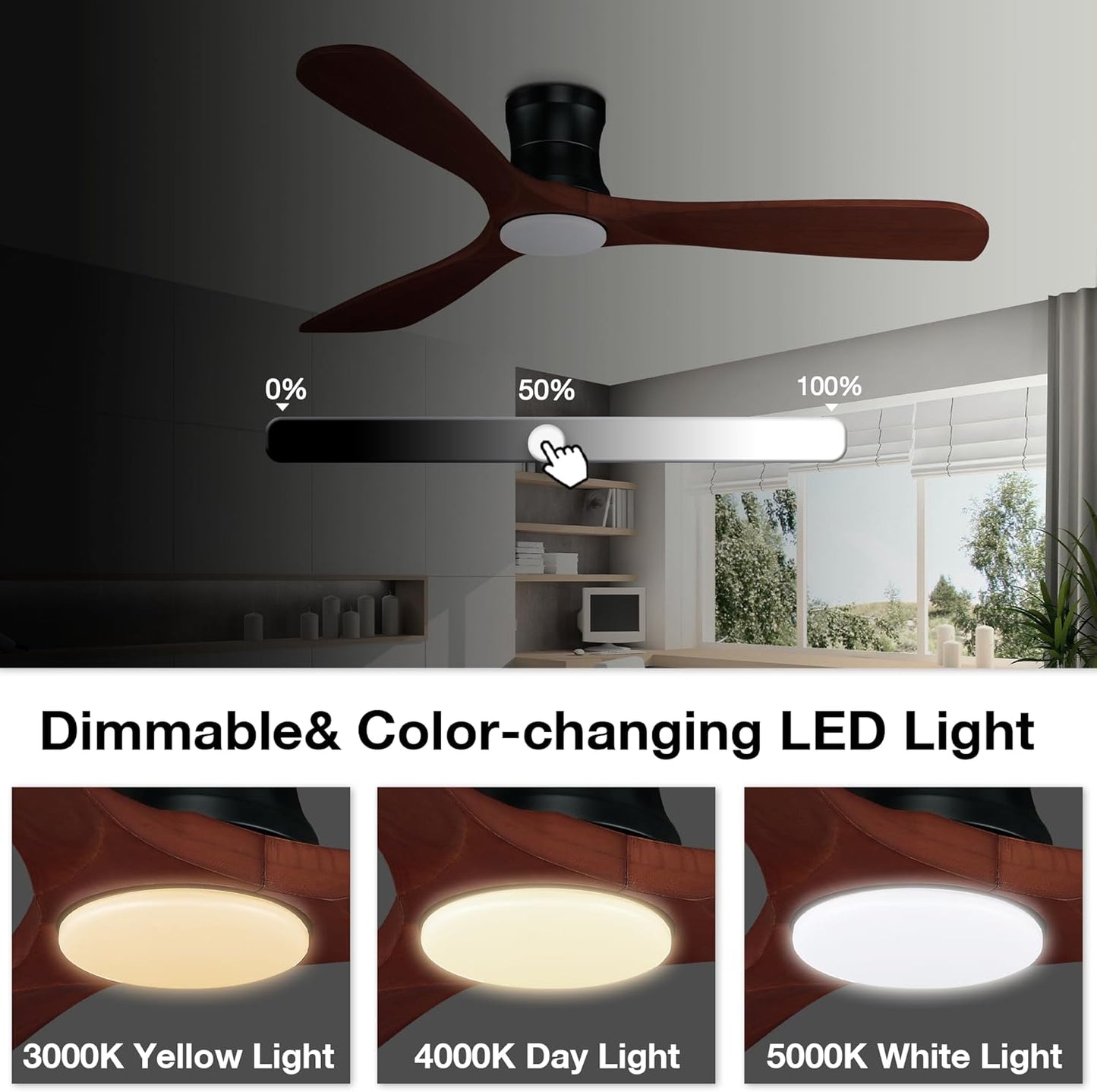 52” Smart Wood Flush Mount Ceiling Fans with Lights Remote,Quiet DC Motor,Outdoor Indoor Low Profile Ceiling Fan,Voice WIFI Alexa App Control,Dimmable,6-Speed,For Modern Bedroom Patio