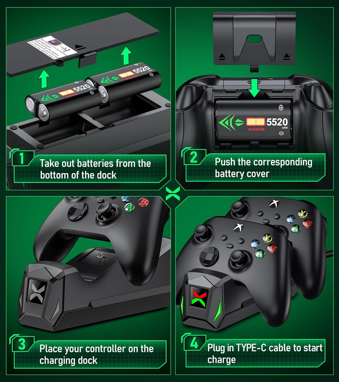 Upgraded Controller Charger Station with 2X5520Mwh Rechargeable Battery Packs for Xbox One/Series X|S Controller, Dual Charging Dock for Xbox One Controller Battery Pack (Controller Not Included)