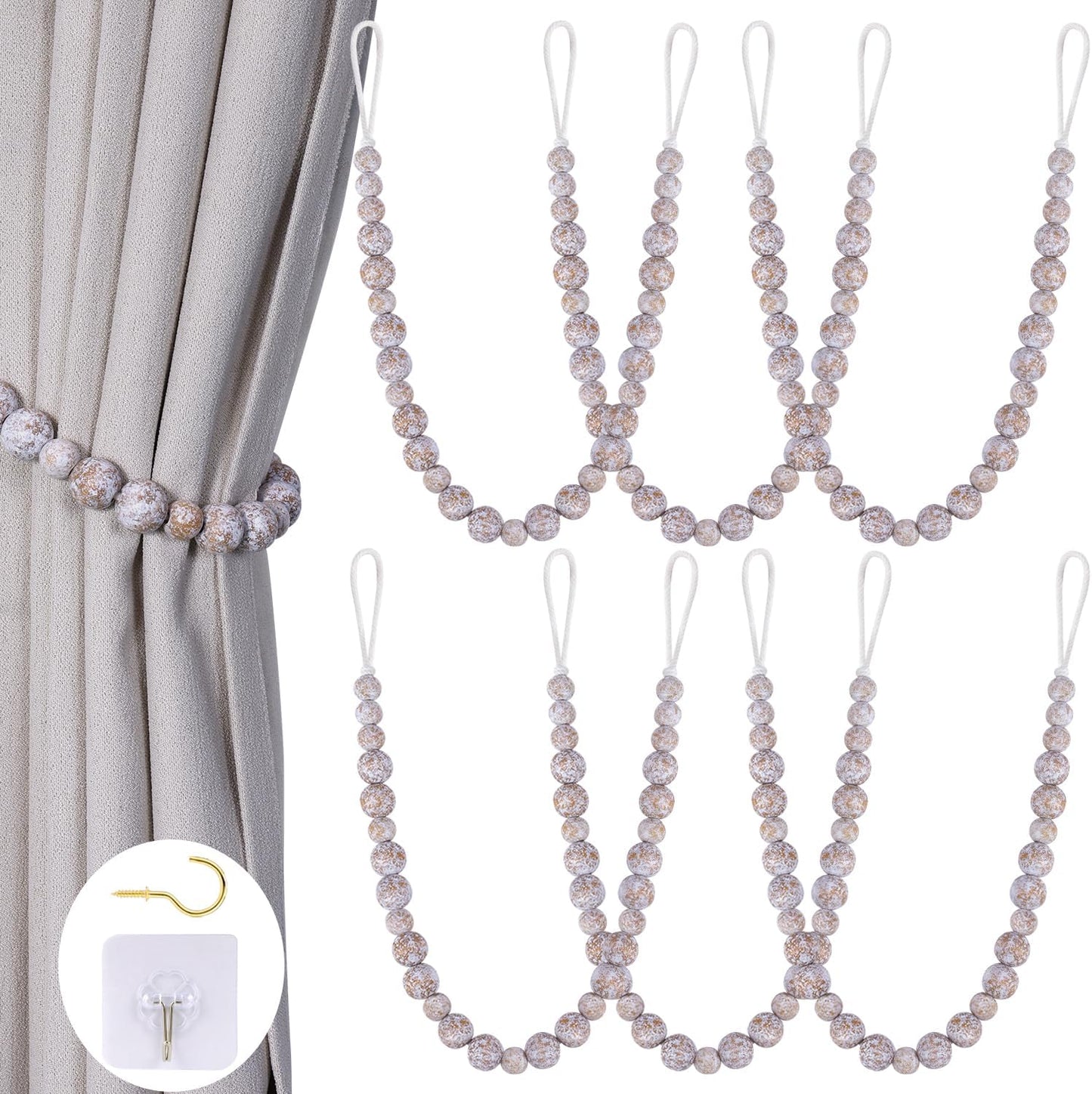 Wood Bead Curtain Tiebacks, Set of 6 Curtain Holdbacks for Thin or Thick Window Draperies, Boho Farmhouse Curtain Tiebacks with Hooks, Curtain Tie Backs for Home Office Room Décor