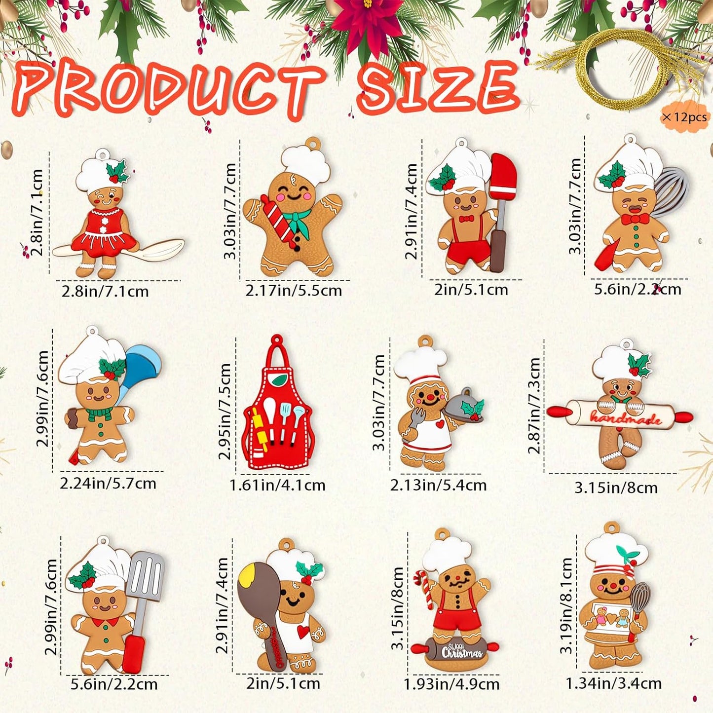 12Pcs Gingerbread Christmas Decoration for Tree - Cooking Gingerbread Man Ornaments Christmas Hanging Decor for Christmas Tree Home Kitchen Decor Party Supplies