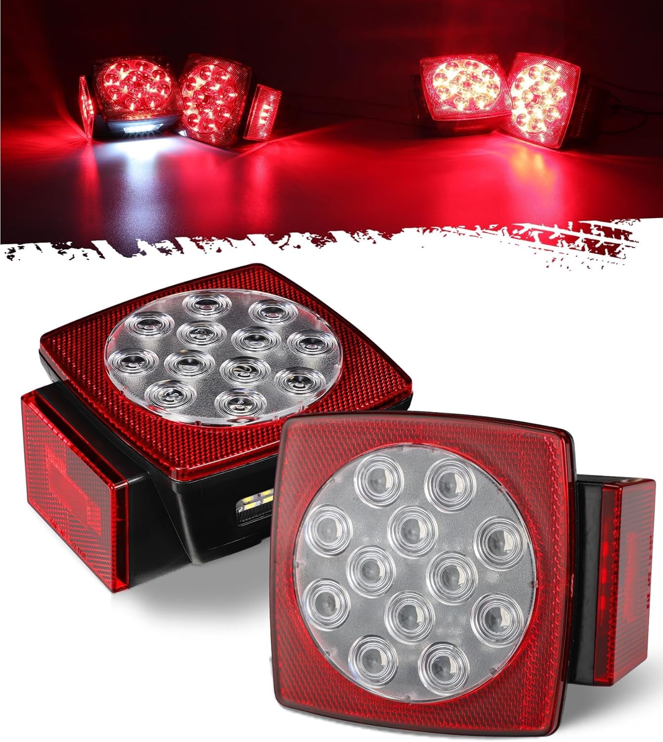 12V Submersible Square Led Trailer Light,Red White LED Stop Turn Tail License Brake Running Light Lamp for Trailers under 80" Boat Trailer Truck Marine Camper RV Snowmobile,Ip68,Dot Compliant