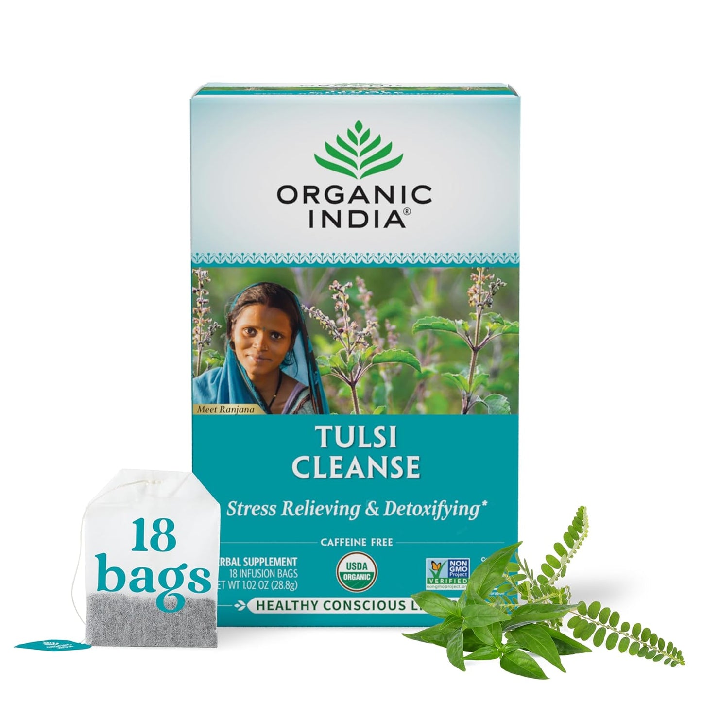 Tulsi Green Tea Bags - Holy Basil Tea, African Basil, Stress Relieving, Immune Support, USDA Certified Organic, Premium Darjeeling Green Tea, Caffeinated - 18 Infusion Bags, 1 Pack TLBH
