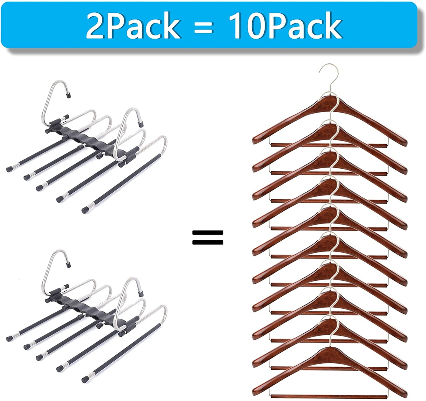 Magic Pants Hangers Space Saving - 2 Pack for Closet Multiple Layers Multifunctional Uses Rack Organizer for Trousers Scarves Slack (2 Pack with 10 Metal Clips)