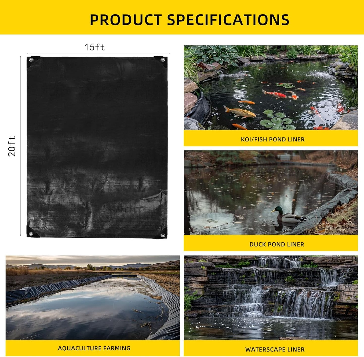 Pond Liner,15X20Ft Pond Liners for Outdoor,28Mil PE Black Koi Fish Pond Liners,Reinforced Pond Underlayment for Water Garden,Waterfall,Fountain