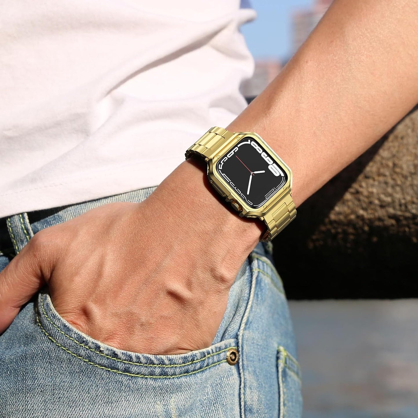 Compatible with Apple Watch Band and Case, Stainless Steel Metal Chain with TPU Cover, Smart-Watch Link Bracelet Strap, Wrist-Band for I-Watch Ultra Ultra2 Series 9 8 7 6 5 4 3 2 1 SE