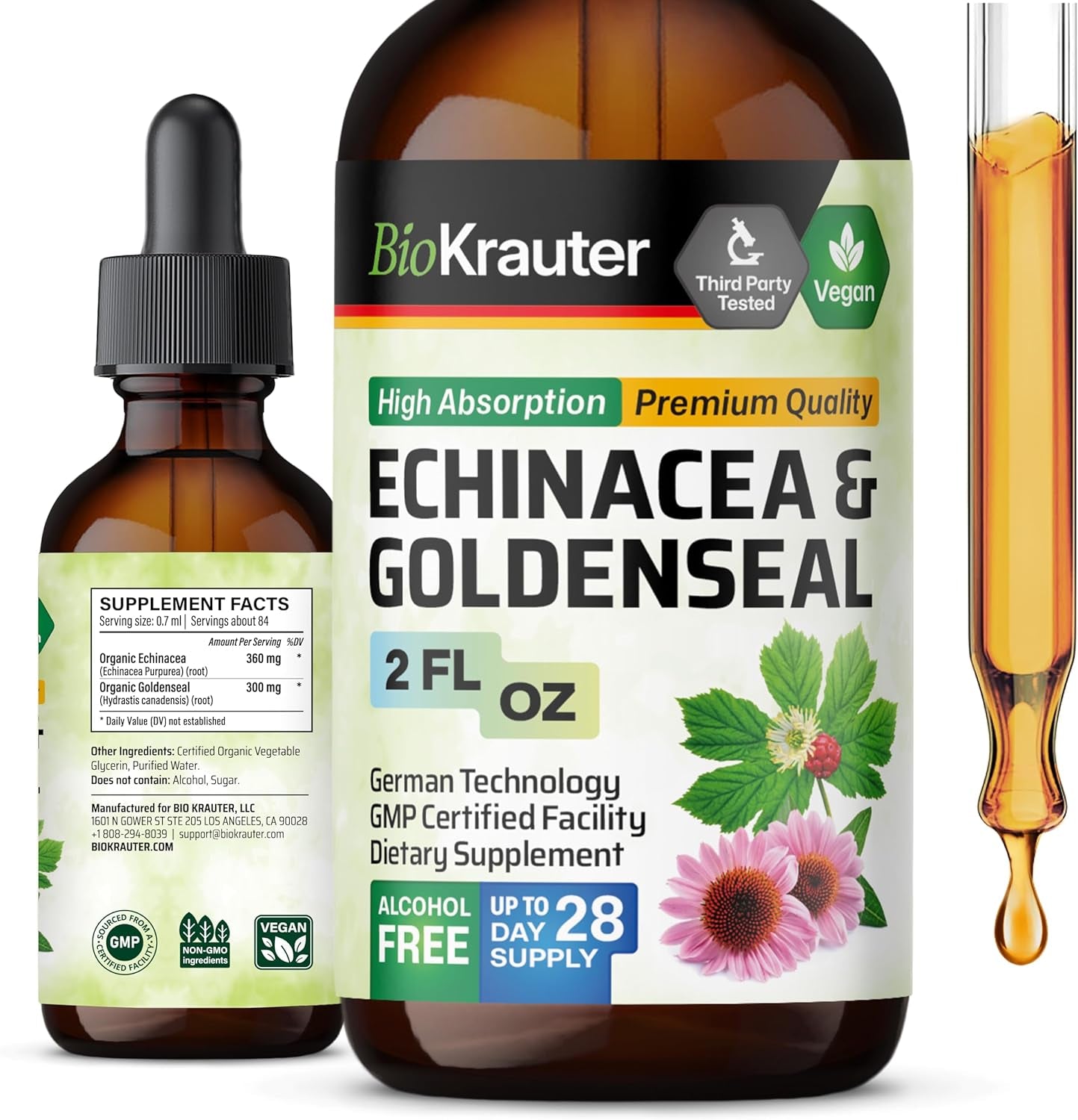 Echinacea and Goldenseal Root Liquid Extract - Natural Immune Support - Echinacea Drops with Goldenseal - Vegan, Alcohol & Sugar Free Tincture - 4 Fl.Oz. TLBH