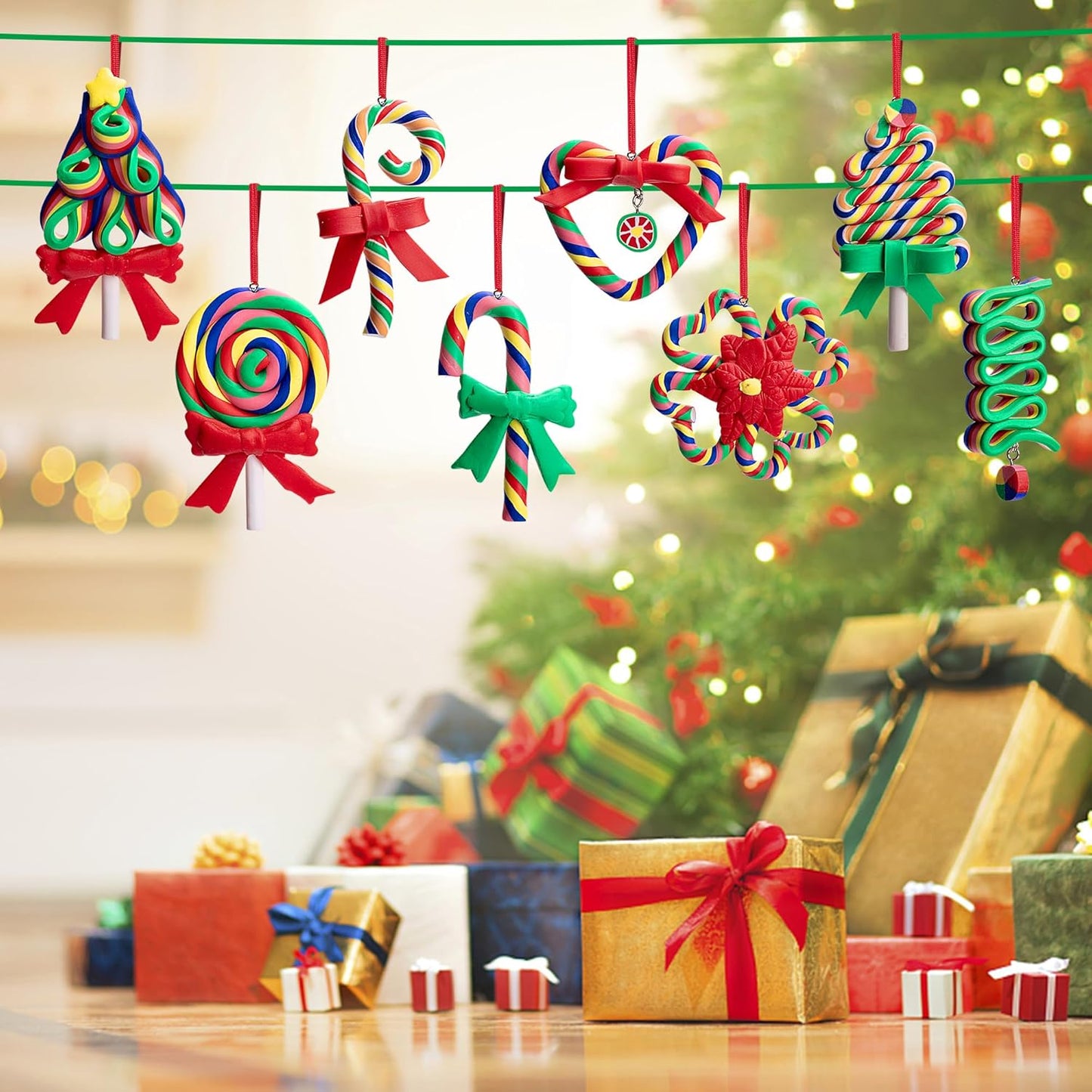 8 Pcs Christmas Lollipop Ornaments- Rainbow Candy Cane Hanging Ornaments for Christmas Tree- Christmas Candies Polymer Clay Ornament for Xmas Tree Party Decoration