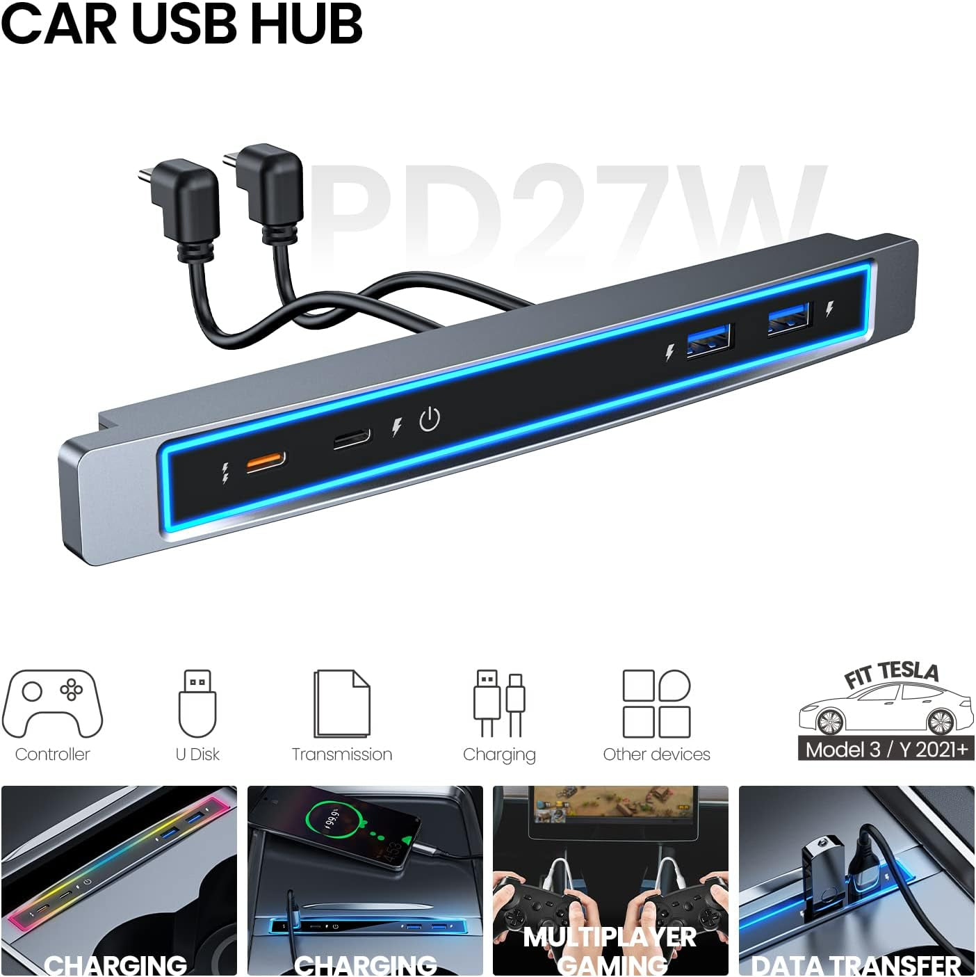 Tesla USB Hub with Blue Led Light/Voice Controll Seven Colors Led Light Compatible Docking Station of Center Console Smart Sensor for Tesla 2021 2022 2023 (Model 3/Y)
