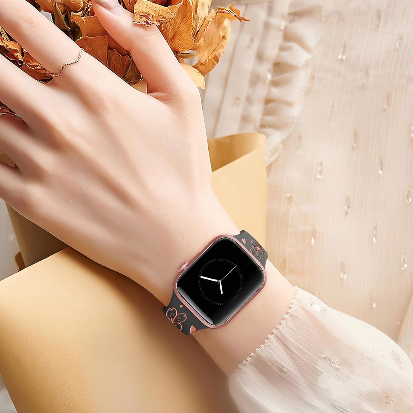 Designer Floral Engraved Band Compatible with Apple Watch Bands 40Mm 38Mm 41Mm 44/45/42Mm,Two-Tone Flower Soft Silicone Sport Strap for Iwatch Series 9 Ultra SE 8 7 6 5 4 3 2 Women Black