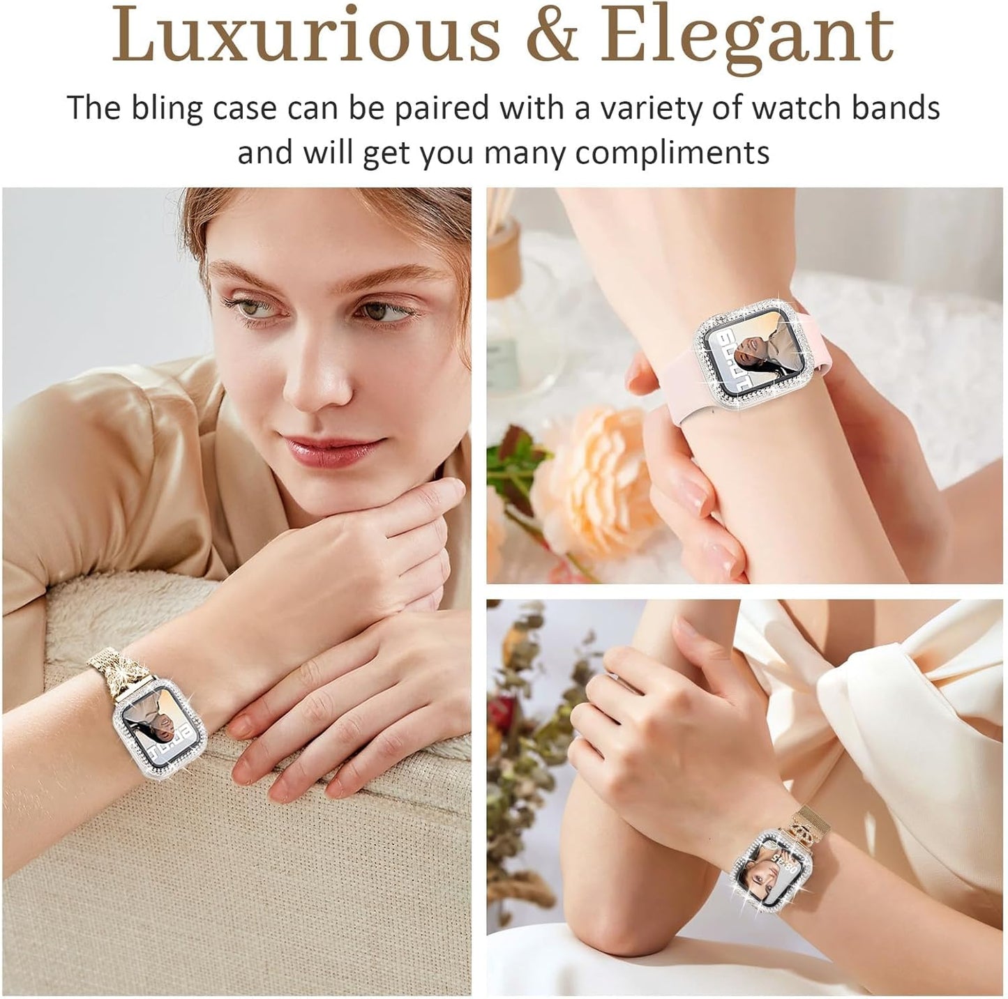Tortoise Stretchy Watch Band with Bling Case with HD Screen Protector Compatible with Apple Watch 38Mm 40Mm 41Mm 42Mm 44Mm 45Mm 49Mm for Women for Iwatch Series 9/8/7/6/5/4/3/2/1/SE