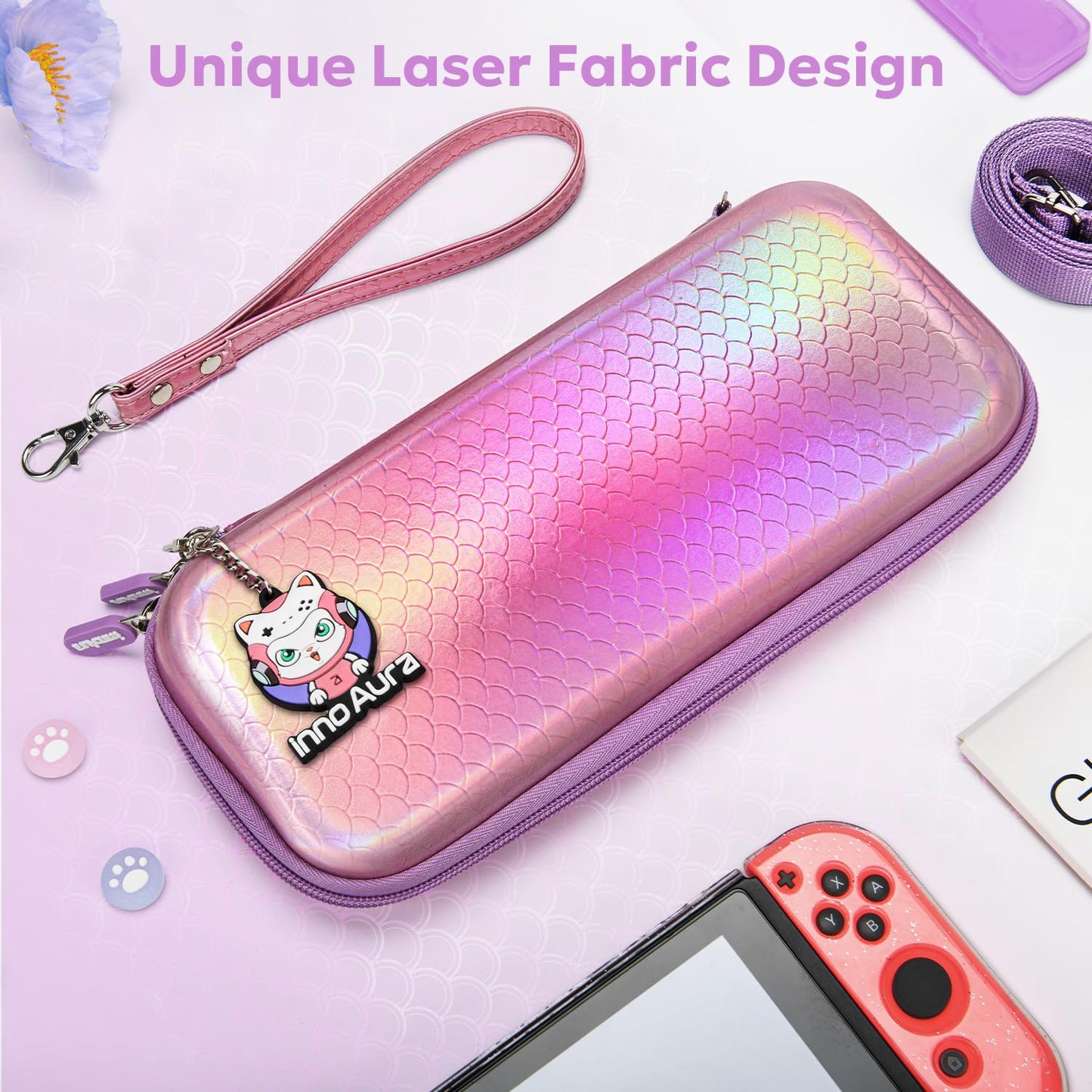 Switch Case for NS Switch, Innoaura 17 in 1 Switch Accessories Bundles with Switch Carrying Case, Switch Game Case, Switch Protective Case, Switch Screen Protector, Switch Thumb Caps (Mermaid Pink)