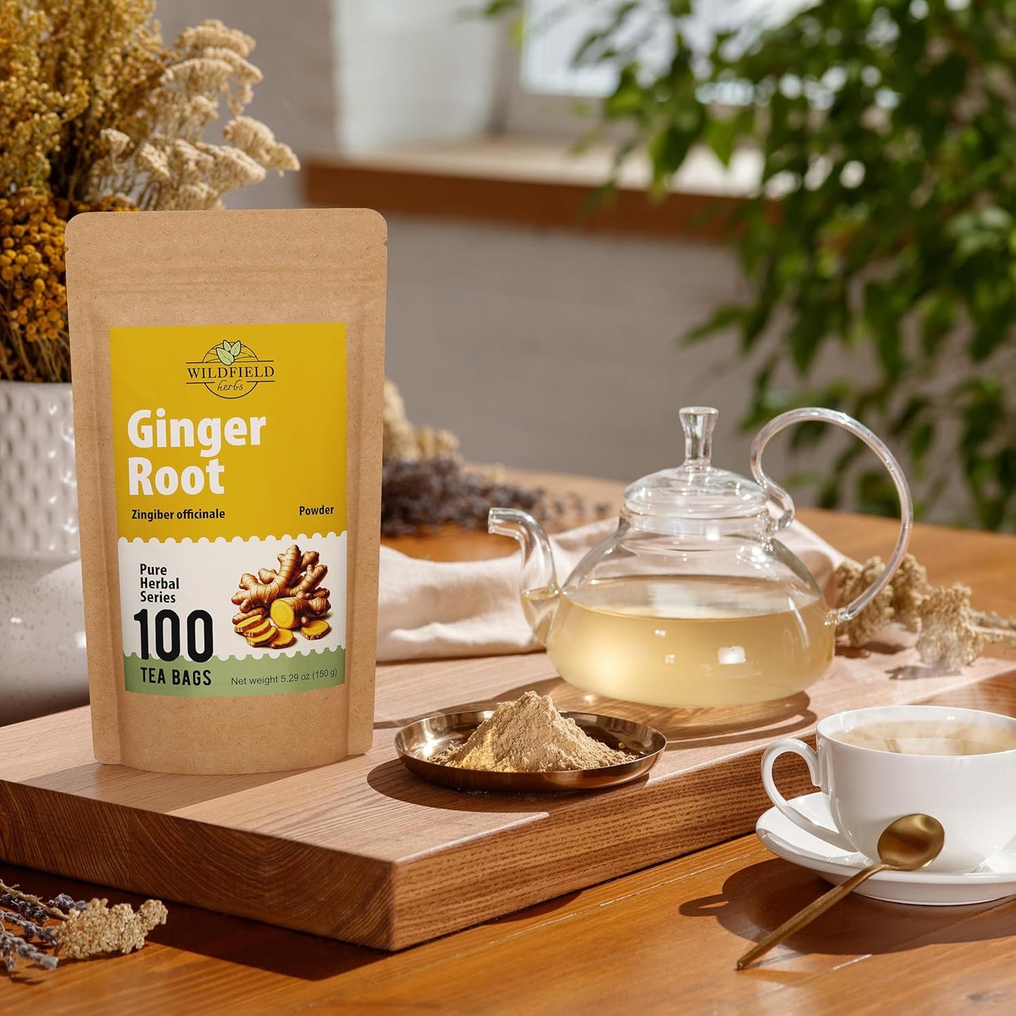 100 Bags Ginger Tea Bags Ginger Root Tea Dry Dried Herb (Zingiber Officinale) - 100 Count 1.5G Tea Bags Ginger Raíz De Jengibre TLBH