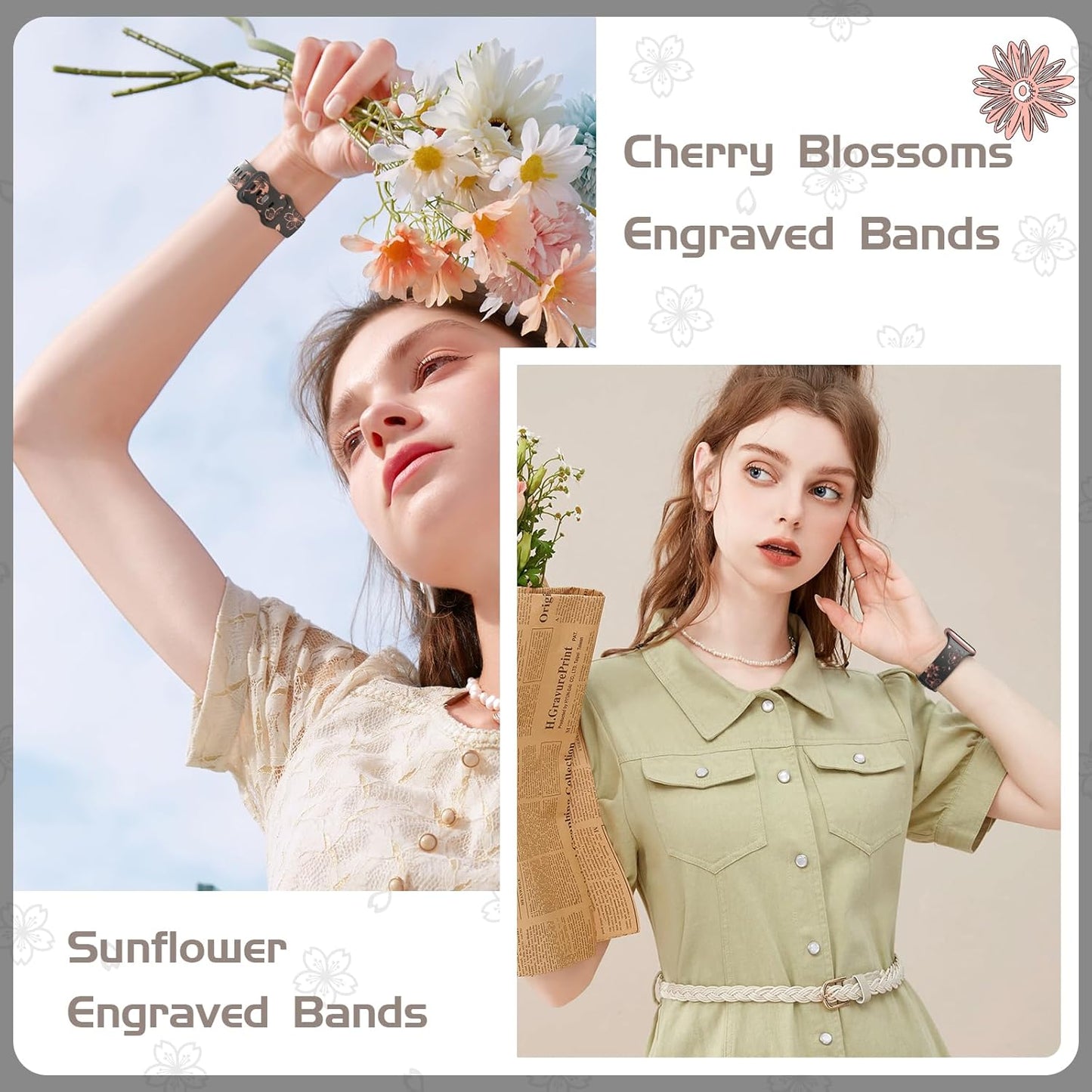 Designer Floral Engraved Band Compatible with Apple Watch Bands 40Mm 38Mm 41Mm 44/45/42Mm,Two-Tone Flower Soft Silicone Sport Strap for Iwatch Series 9 Ultra SE 8 7 6 5 4 3 2 Women Black