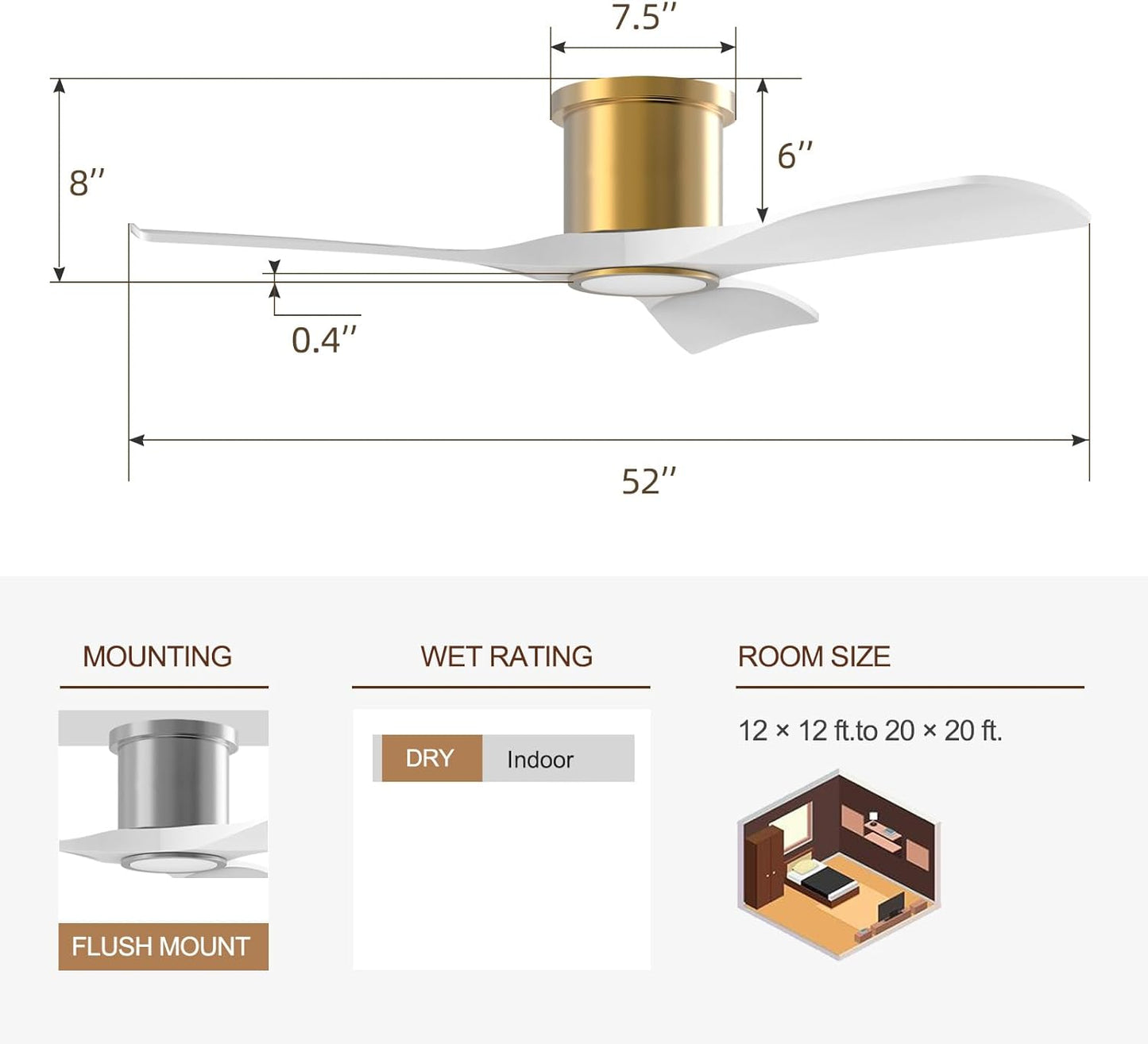 52 Inch Smart Ceiling Fan with Light and Remote, Indoor 3 Blade White Gold Low Profile Flush Mount Modern Ceiling Fan for Bedroom Living Room