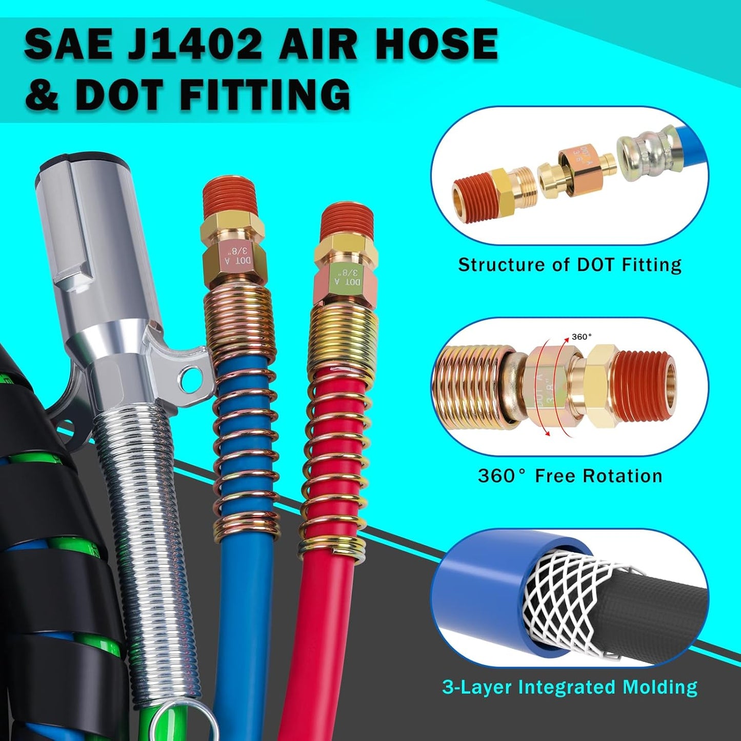15FT Semi Truck Air Line Kit with Gladhand Holder and Springs Kit Red & Blue Air Brake Hoses and 7 Way Trailer Cord 3-In-1 Air Lines Set for Semi Truck Trailer Tractor