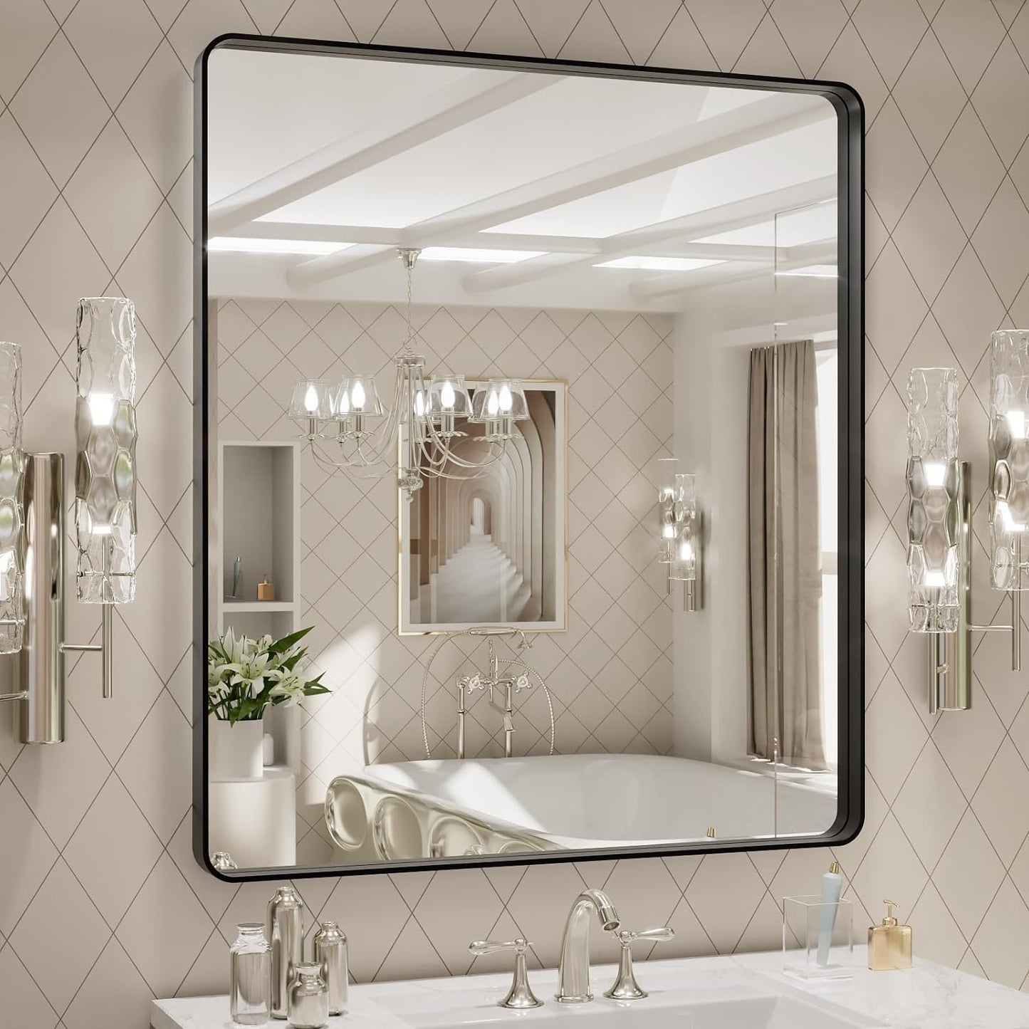 50X30 Inch Black Metal Framed Bathroom Mirror for Wall, Matte Black Bathroom Vanity Mirror Farmhouse, Large Rounded Rectangle Mirror, Anti-Rust, Tempered Glass, Hangs Horizontally or Vertically