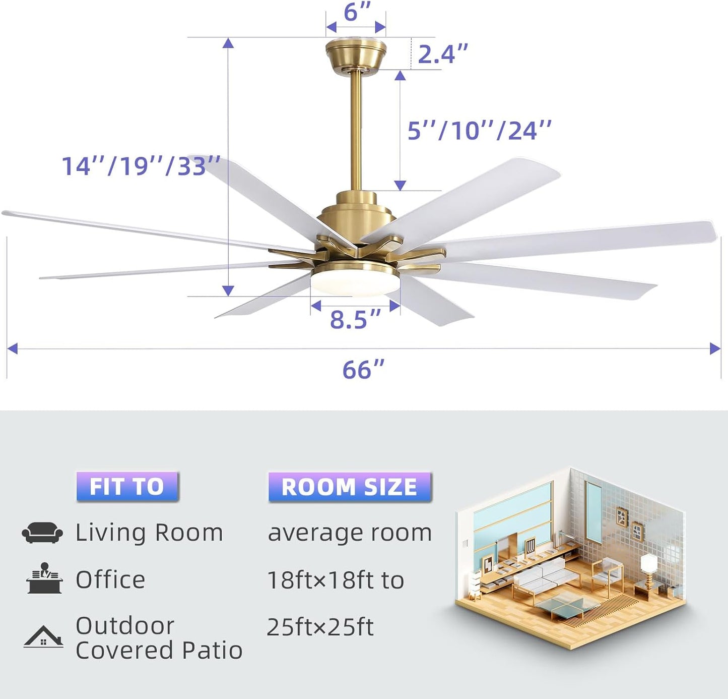 66 Inch Ceiling Fans with Lights and Remote, Indoor Outdoor Mordern Smart Ceiling Fan with Reversible Quiet DC Motor, 6 Speed, 8 Blades for Bedroom Living Room Patios Balcony (White+Gold)