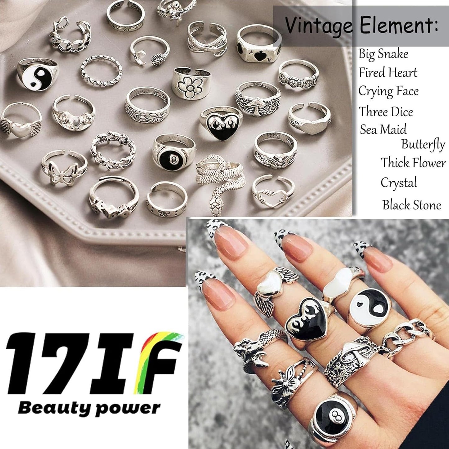 26-35 Pcs Vintage Silver Knuckle Rings Set for Women Men, Grunge Gothic Rings Chunky Aesthetic Snake Stackable Adjustable Punk Bulky Finger Alt Fairy Skull Frog Heart Star Flower Midi Ring Pack