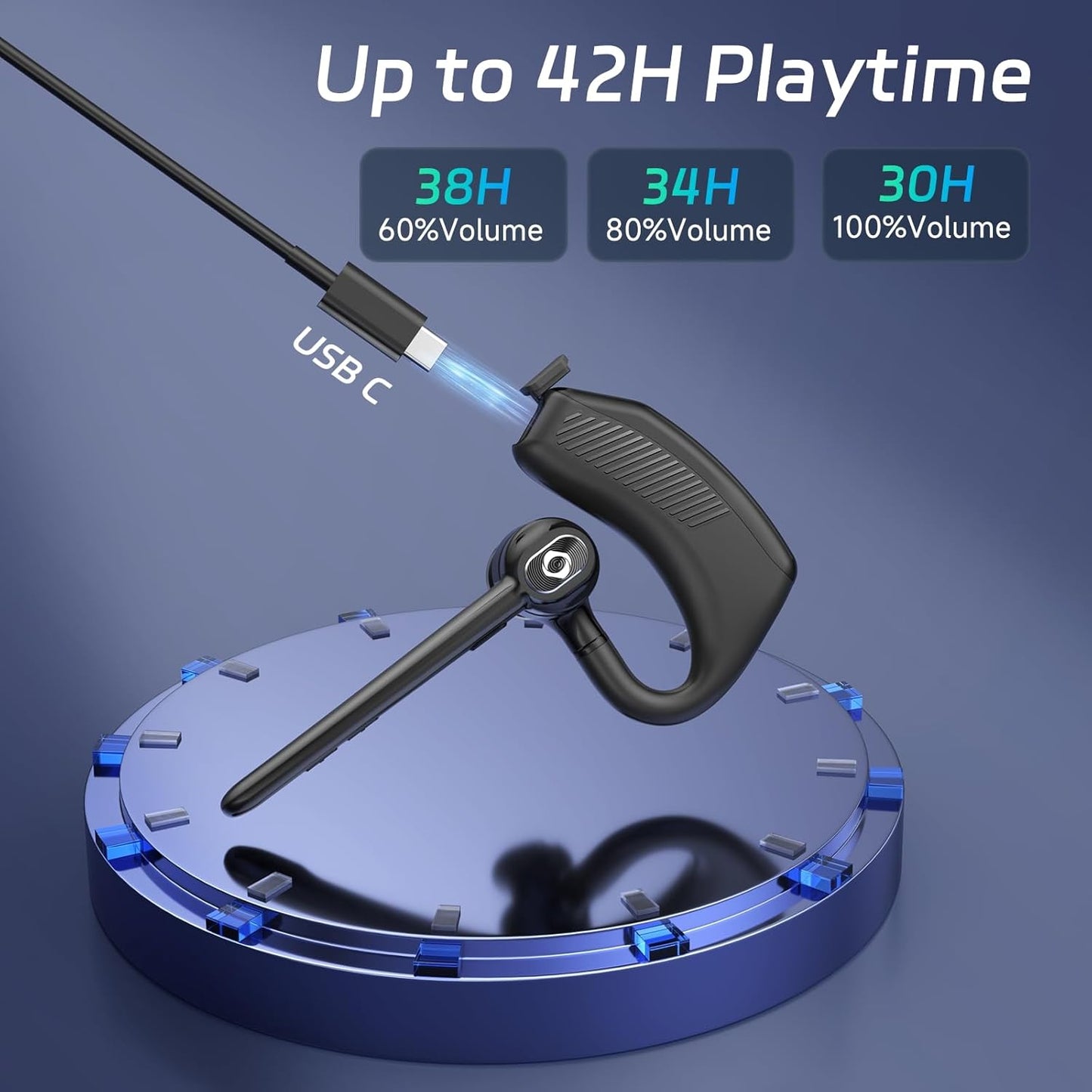 Wireless Headset Bluetooth Earpiece with Dual Noise Canceling Microphone Hands Free Headphones Single Ear Earphone over Ear Earbud for Iphone Samsung Android Cellphones TV PC Trucker Game Work TRUCK DRIVER