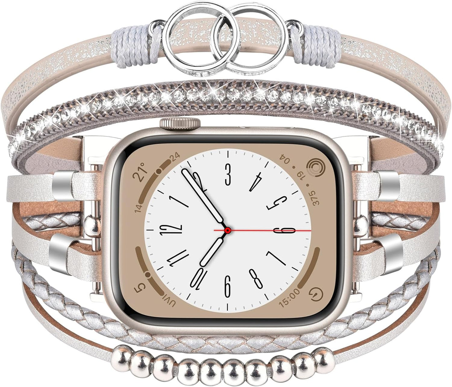 Boho Leather Bracelet Compatible with Apple Watch Band 38Mm 40Mm 41Mm Women, Handmade Multilayer Wrap Beaded Jewelry Apple Watch Strap for Iwatch Series 9 8 7 6 5 4 3 2 1 Silver
