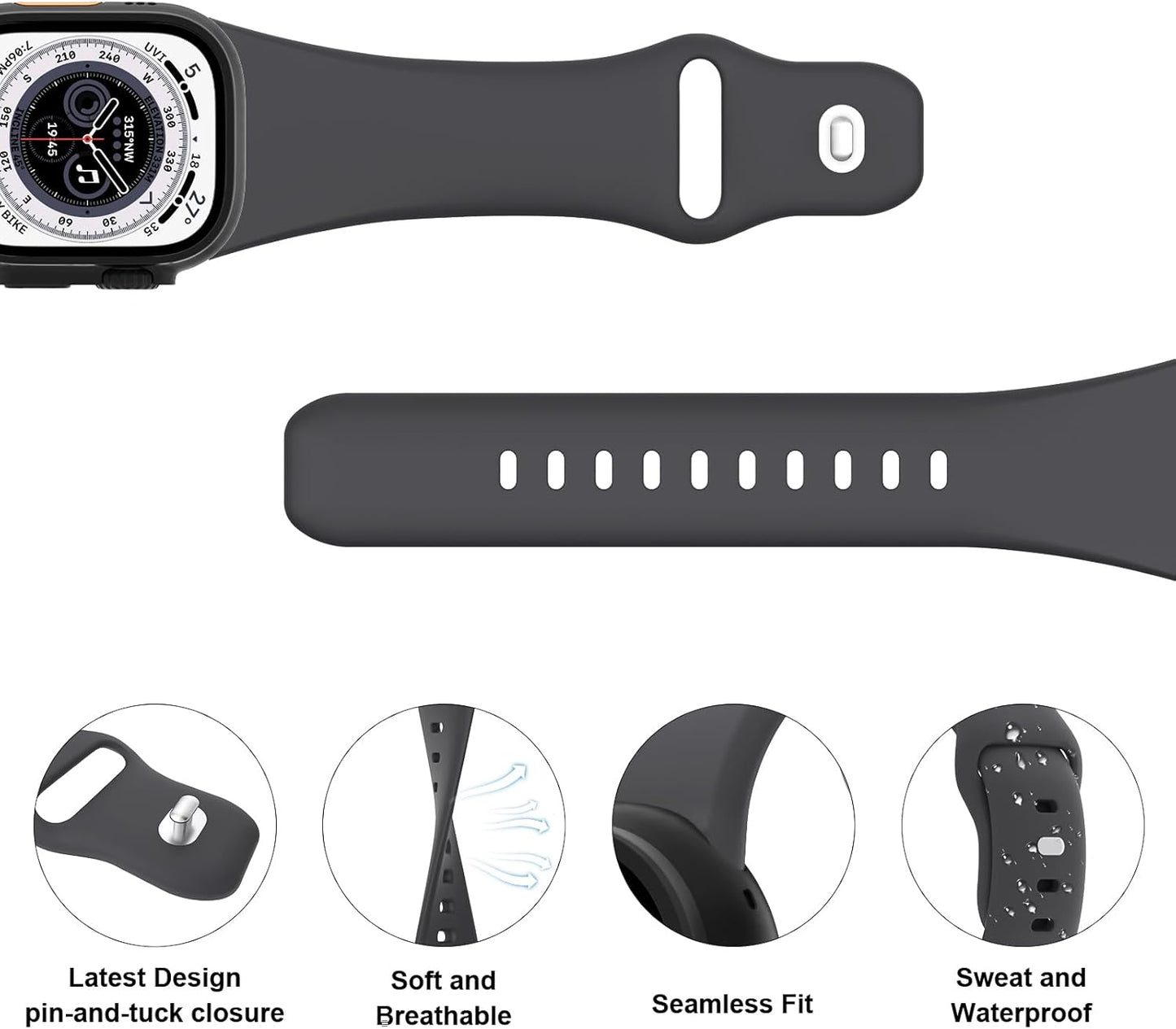 Sport Bands Compatible with Apple Watch 38Mm 40Mm 41Mm 42Mm 44Mm 45Mm 49Mm, Soft Silicone Replacement Waterproof Strap Wristband for Iwatch Series Ultra 9/8/7/6/5/4/3/2/1 SE Women Men, Anthracite