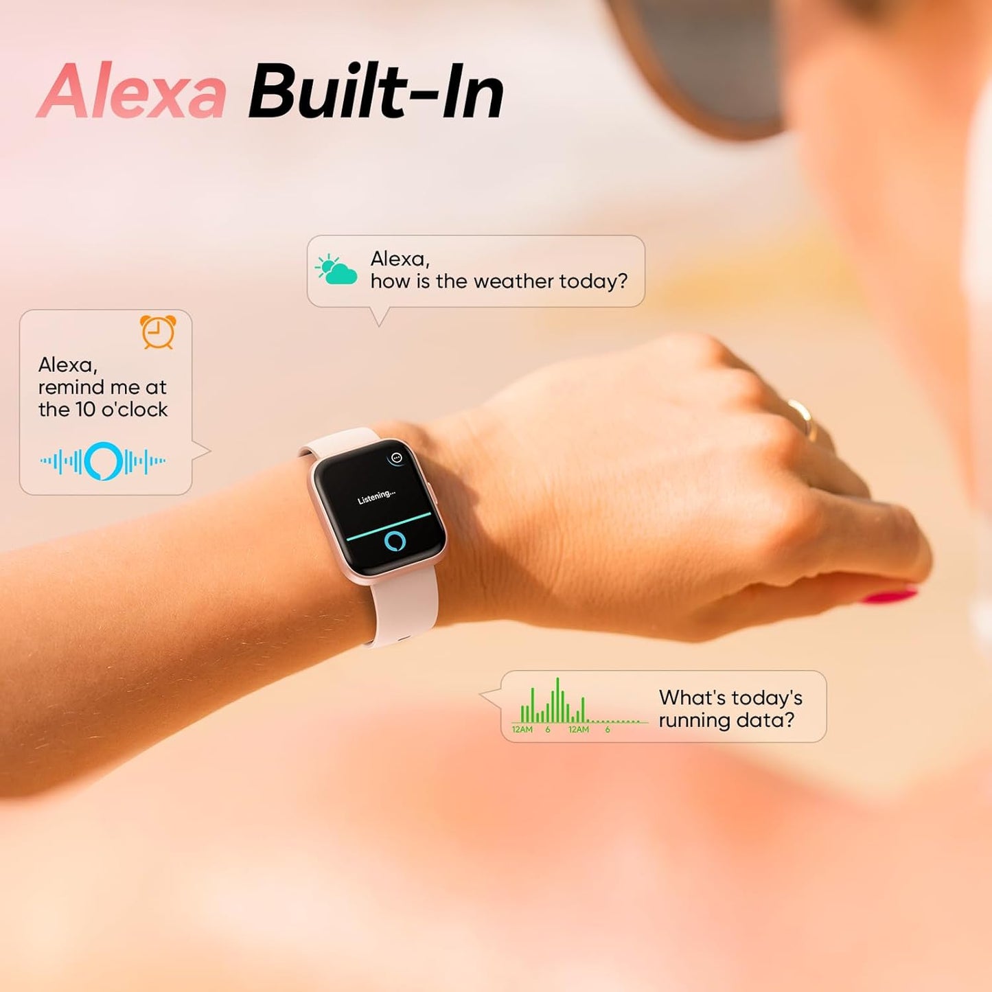 Smart Watches for Women, 1.8'' Alexa Built-In Fitness Tracker Watch with Bluetooth Calls, IP68 Waterproof, Heart Rate/Sleep/Spo2 Monitor, 110 Sports Modes Compatible with Android & Iphone