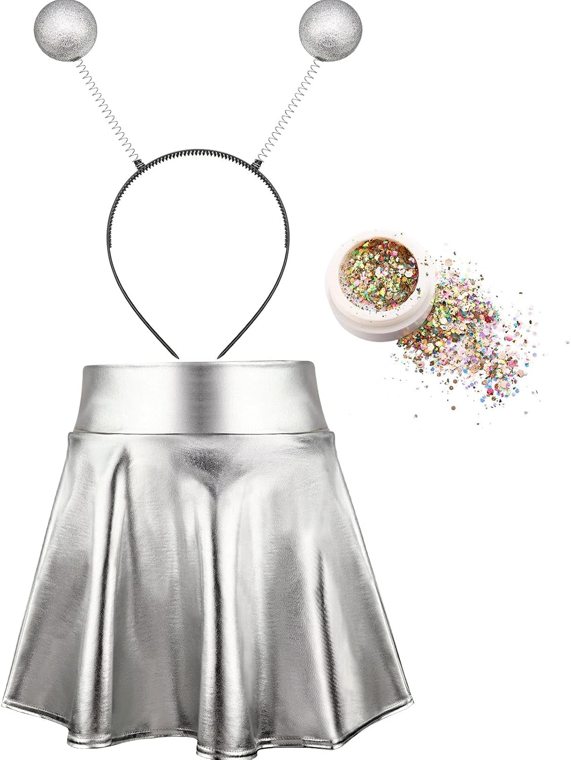 3 Pieces Halloween Alien Costume Include Silver Metallic Alien Skirt Flared Pleated Skater Skirt Cosmetic Face Glitter and Silver Headband for Women Girl Halloween Supplies