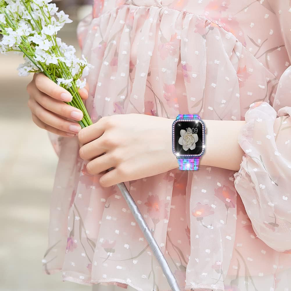 Compatible with Apple Watch Band 38Mm 40Mm 41Mm 42Mm 44Mm 45Mm 49Mm+ Case, Women Jewelry Bling Diamond Rhinestone Replacement Metal Strap& 2 Pack PC Protector Case for Iwatch Ultra 2/ Ultra Series 9/8/7/6/5/4/3/2/1/SE