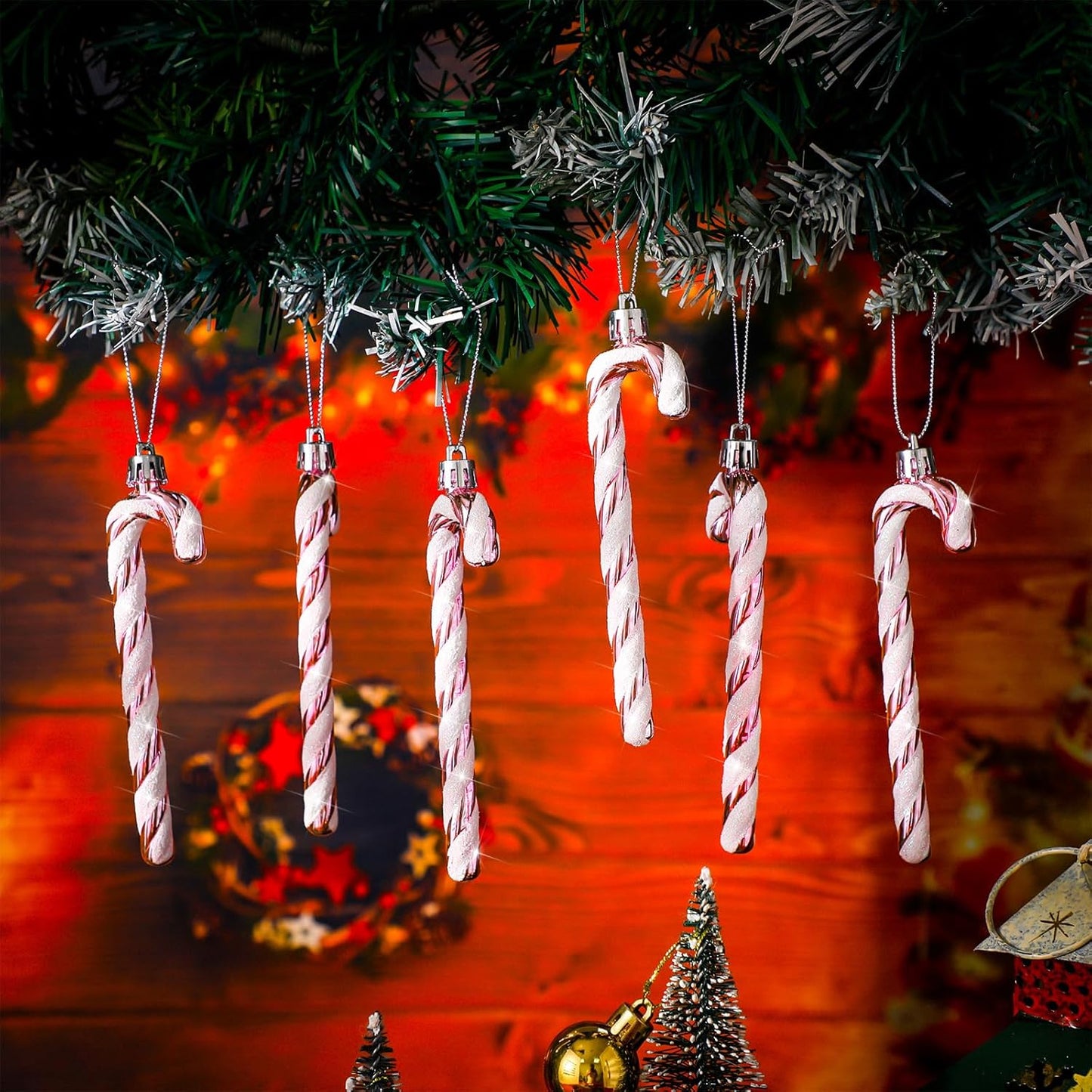 Christmas Candy Canes Ornaments Plastic Glitter Candy Cane Christmas Tree Hanging Decorations for Holiday Party Favors (Pink and White,36Pcs)