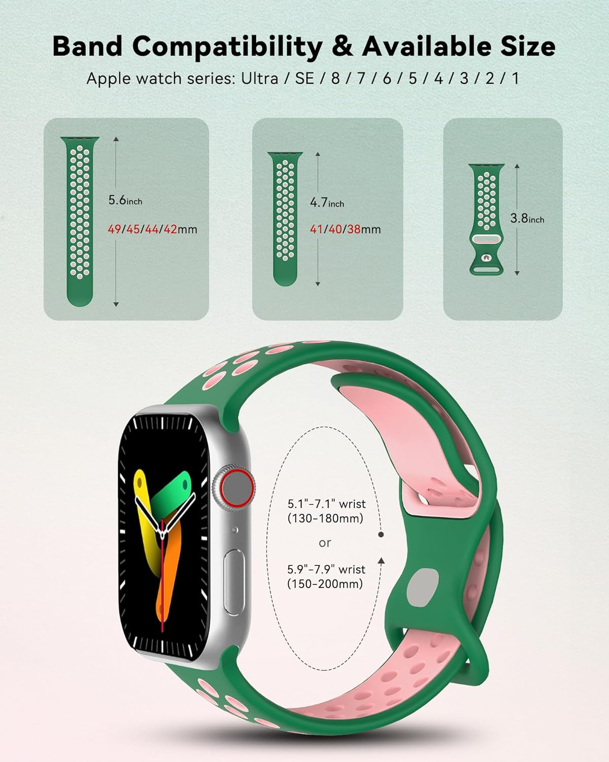 Sport Band Compatible with Apple Watch Bands 38Mm 40Mm 41Mm,42Mm 44Mm 45Mm 49Mm,Soft Silicone Sport Breathable Wristband for Iwatch Series Ultra 8 7 6 5 4 3 2 1 SE Women Men