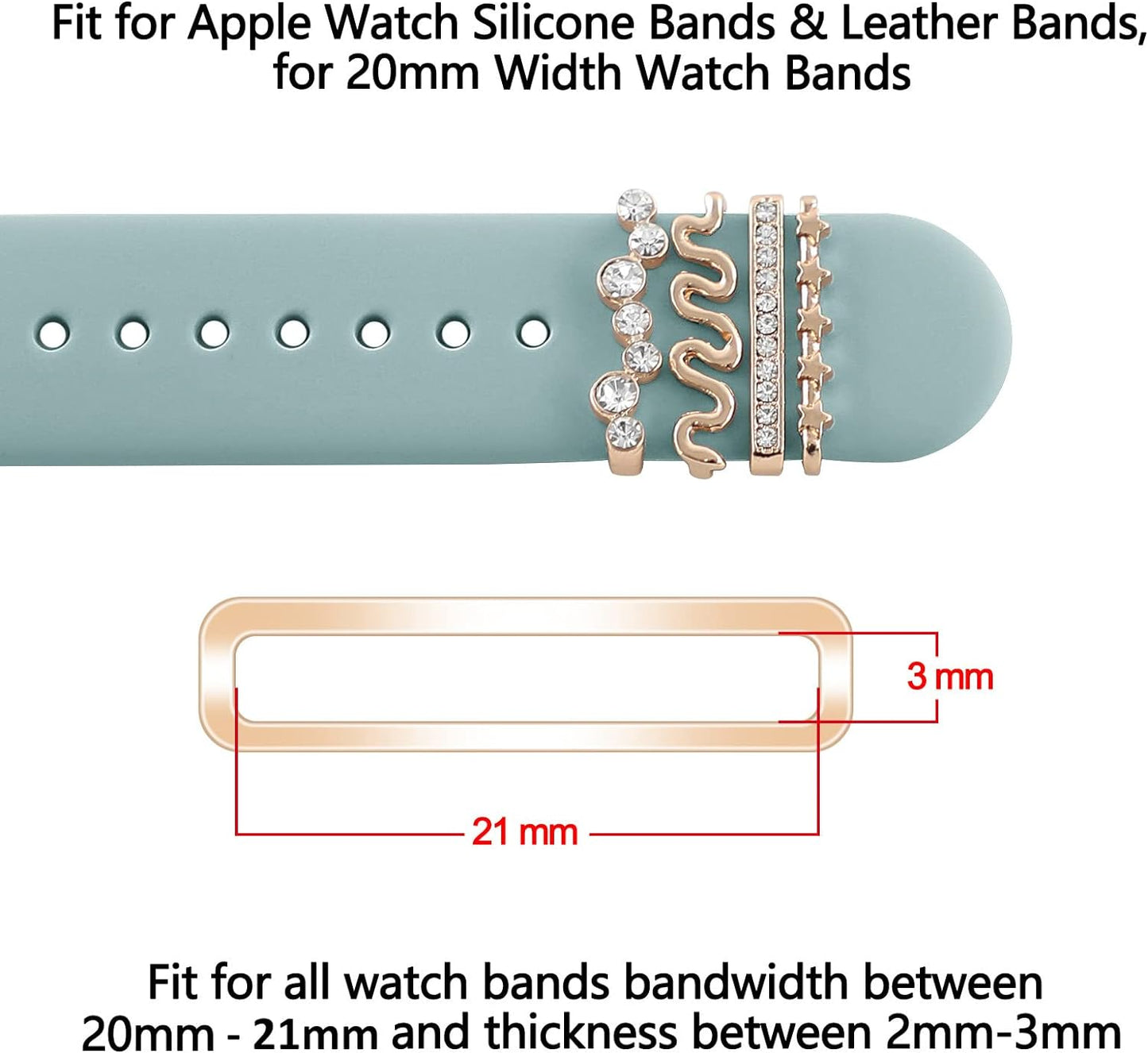 Diamond Decorative Loops Compatible with Apple Watch Silicone Bands 38Mm 40Mm 41Mm 42Mm 44Mm 45Mm 49Mm, Smartwatch Bands Metal Charms Accessories for Iwatch 8 Ultra 7 6 5 4 3 2 1 SE