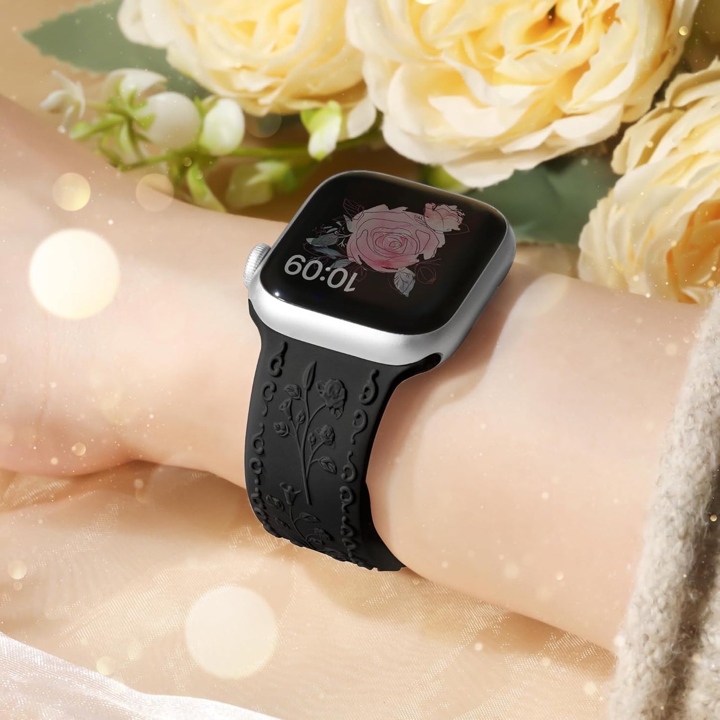 Dressy Floral Engraved Band for Apple Watch Bands for Women 46Mm 44Mm 45Mm 42Mm 49Mm, Soft Silicone Iwatch Bands for Women, Designer Band for Appe Watch Series 10 9 8 7 6 5 4 3 SE Ultra-Black