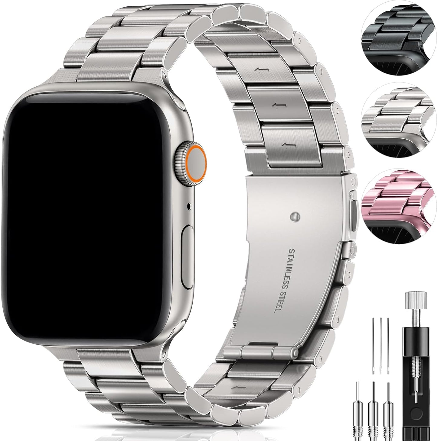 Compatible with Apple Watch Band 49Mm 45Mm 44Mm 42Mm for Men Women, Stainless Steel Metal Watch Bands for Iwatch SE2 SE Series 9 8 7 6 5 4 3 2 1 Midnight Black