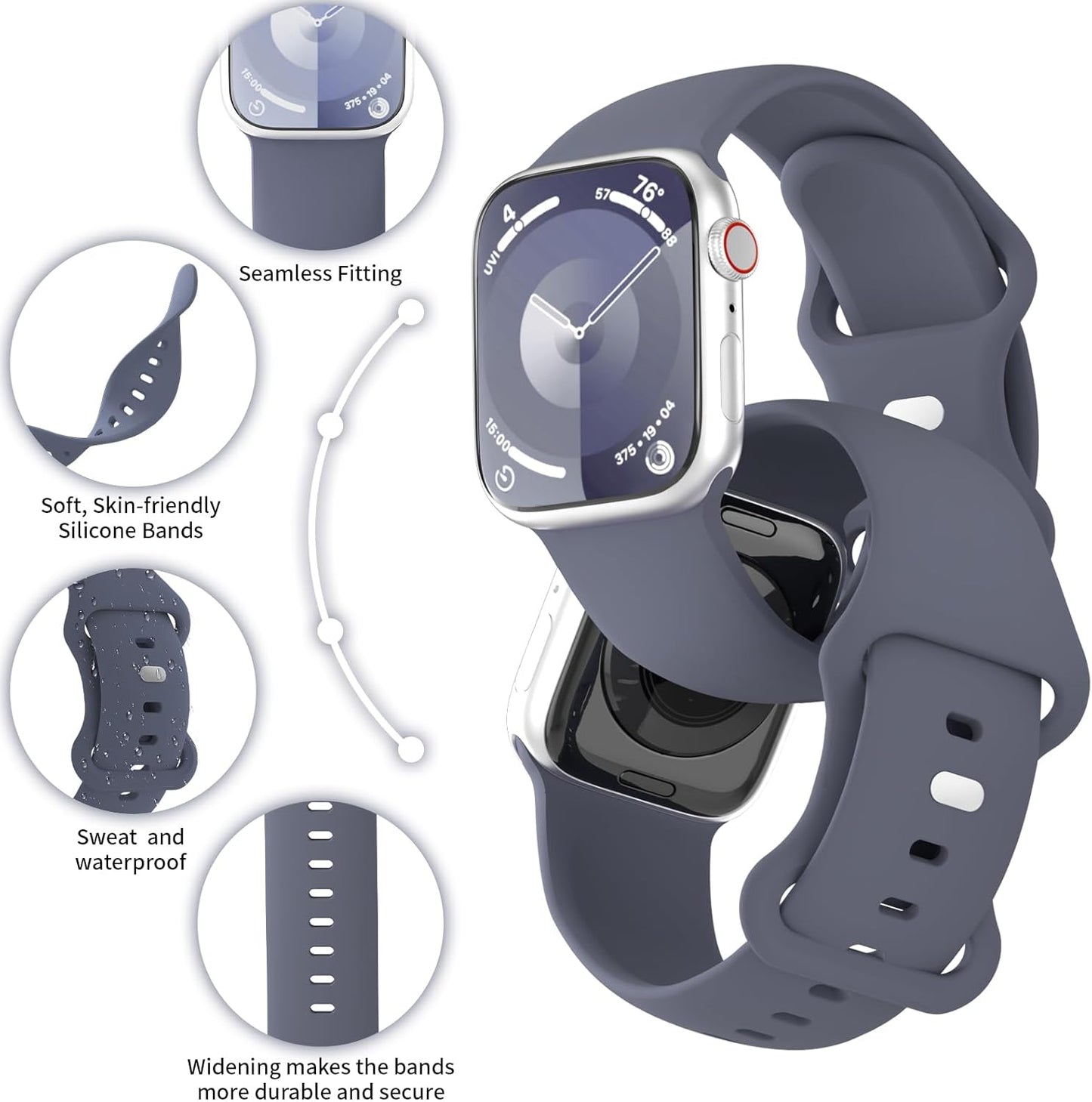 Extra Widened Silicone Bands Compatible with Apple Watch 38Mm 40Mm 41Mm 42Mm 44Mm 45Mm 49Mm, Replacement Soft Sport Strap Wristbands for Iwatch Series 9/8/7/6/5/4/3/2/1 Ultra SE Women Men, Blue Gray